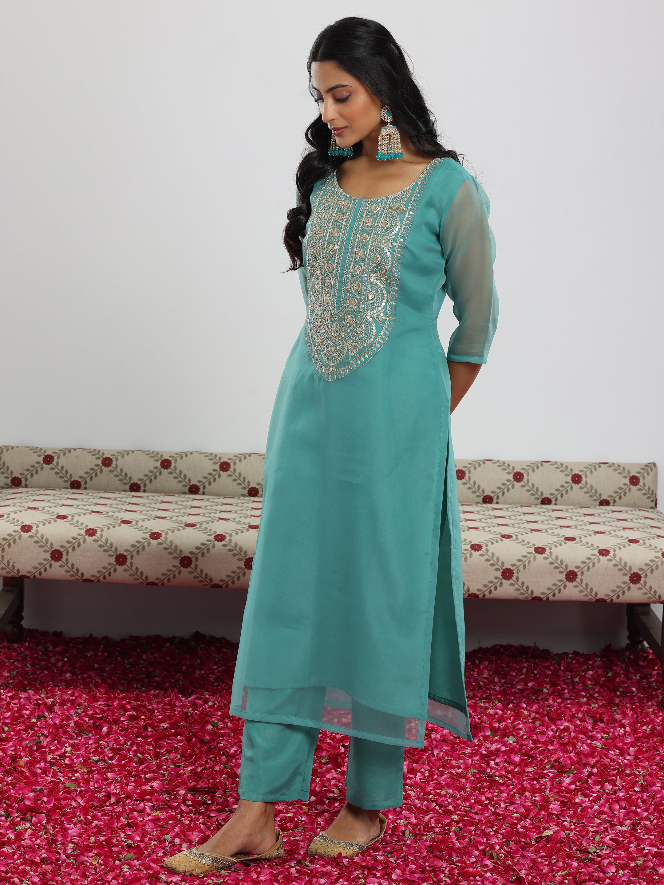 Sea Green Yoke Design Organza Straight Suit With Dupatta