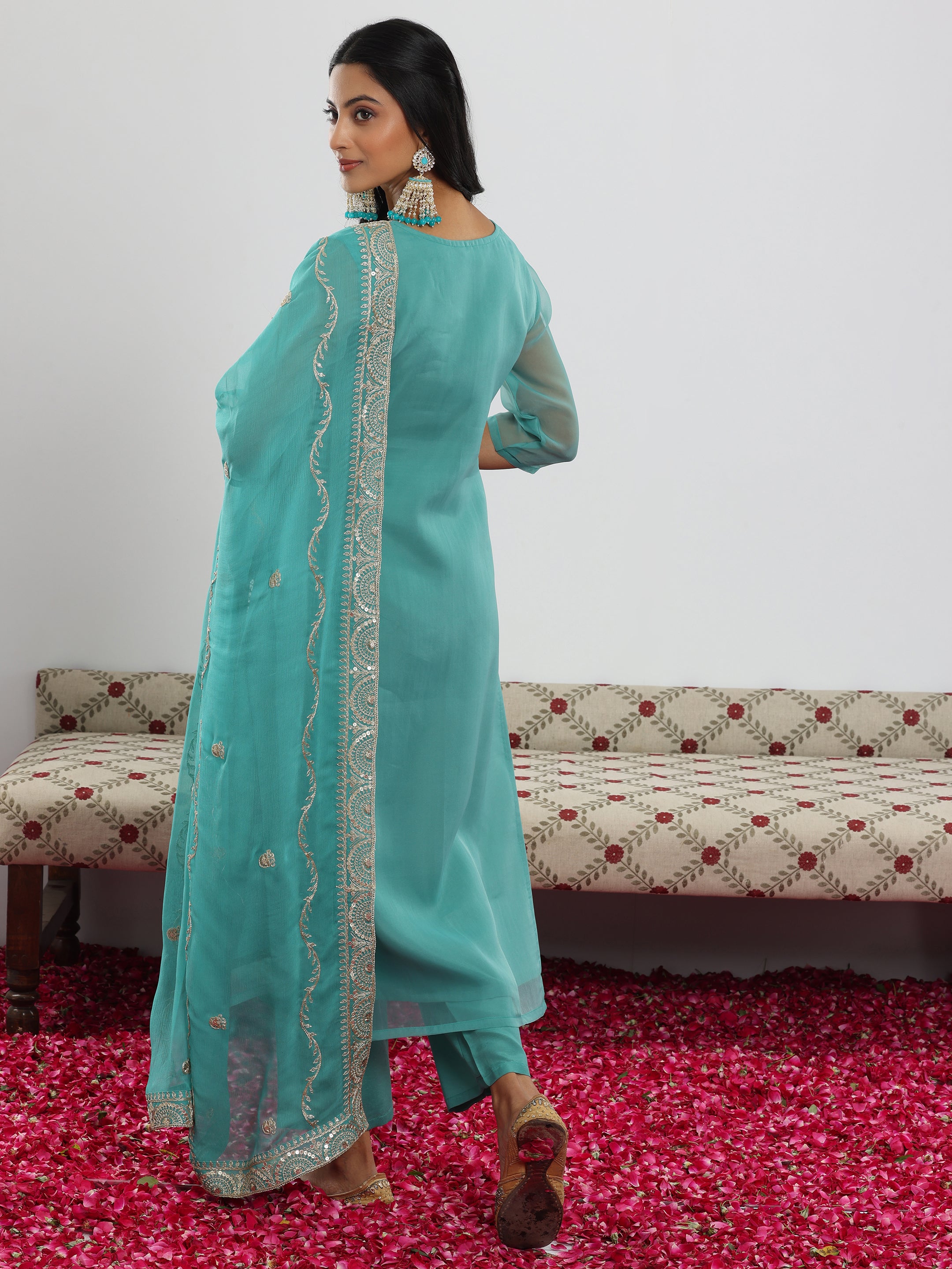 Sea Green Yoke Design Organza Straight Suit With Dupatta