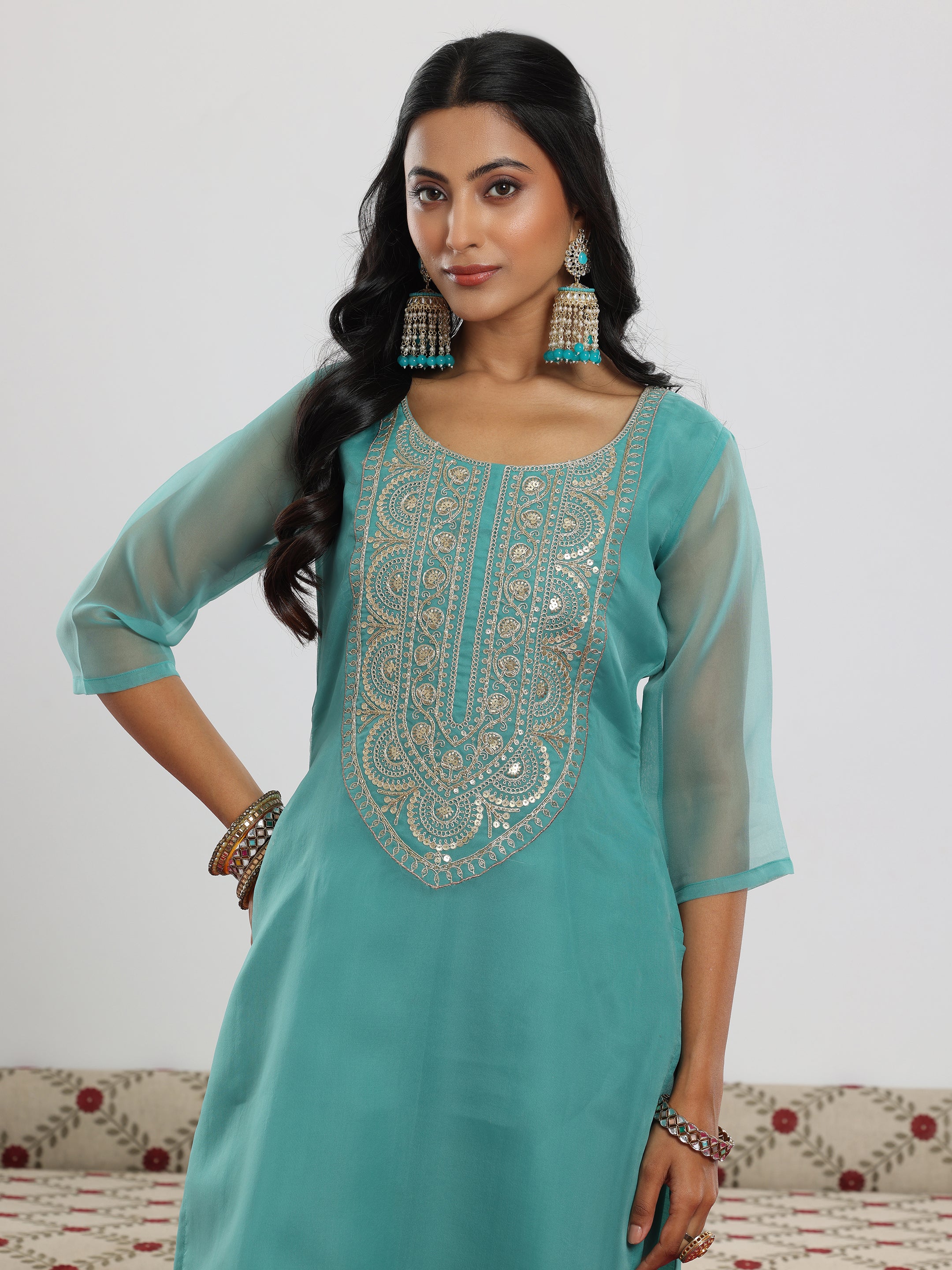 Sea Green Yoke Design Organza Straight Suit With Dupatta