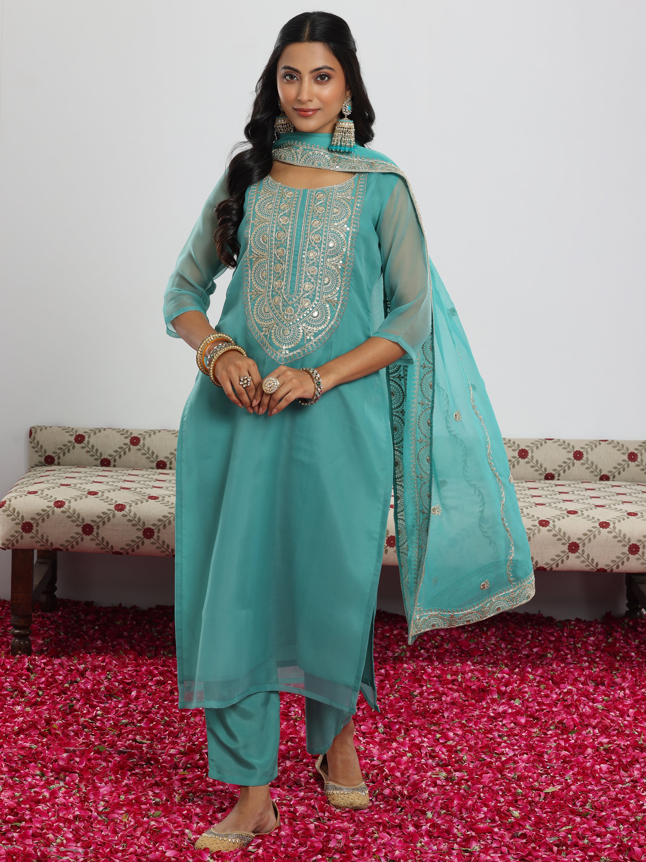 Sea Green Yoke Design Organza Straight Suit With Dupatta