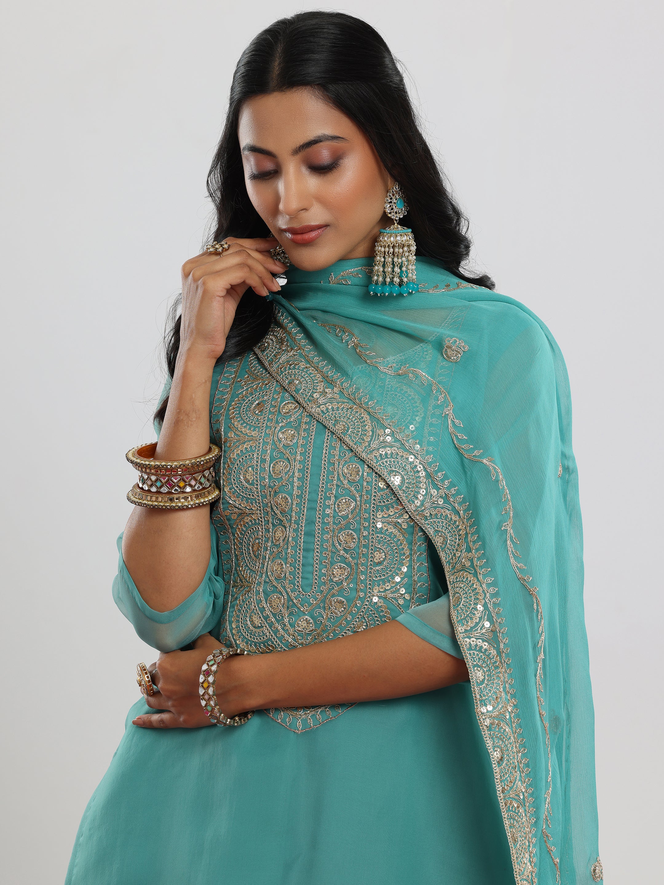 Sea Green Yoke Design Organza Straight Suit With Dupatta