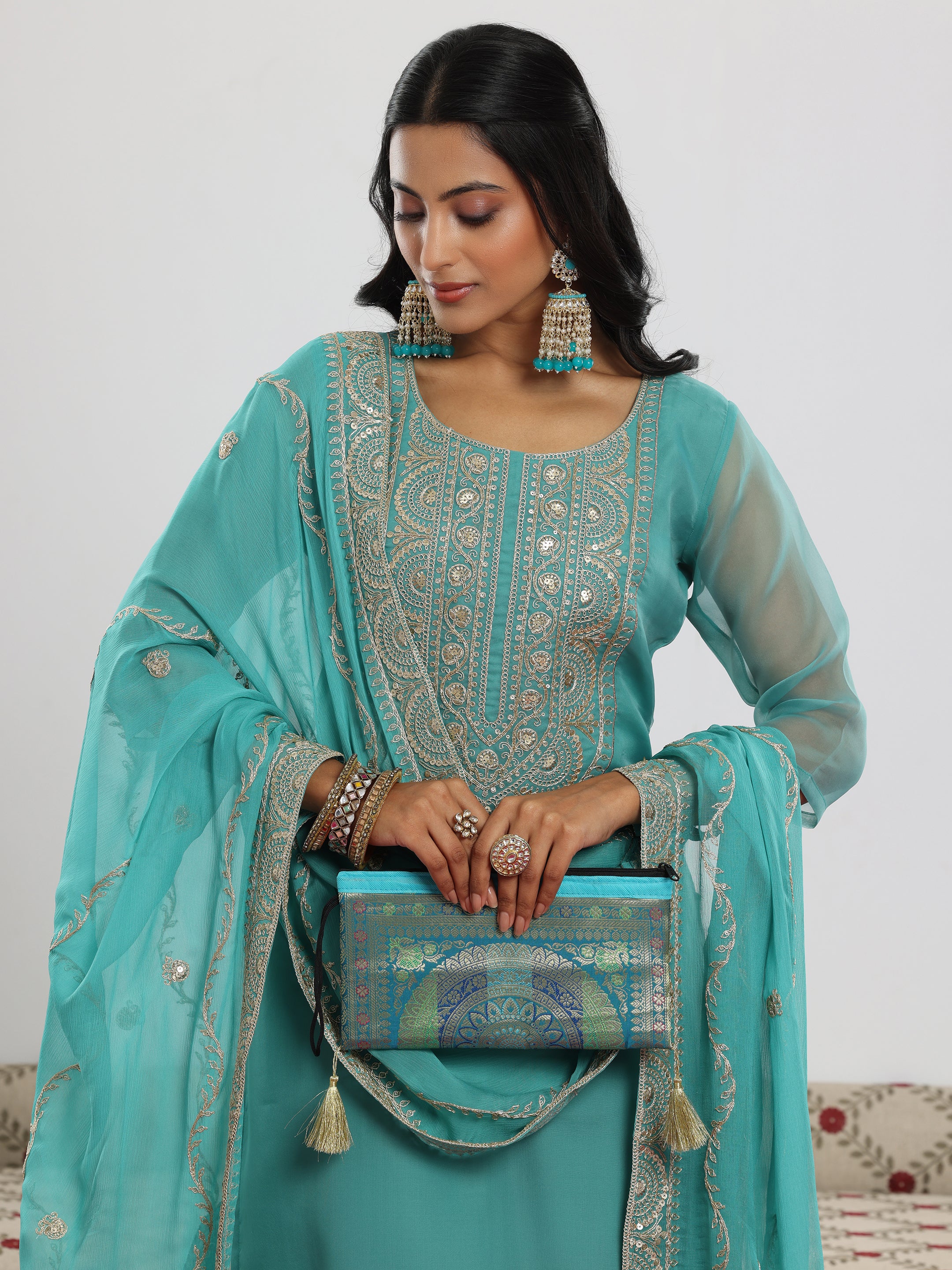 Sea Green Yoke Design Organza Straight Suit With Dupatta