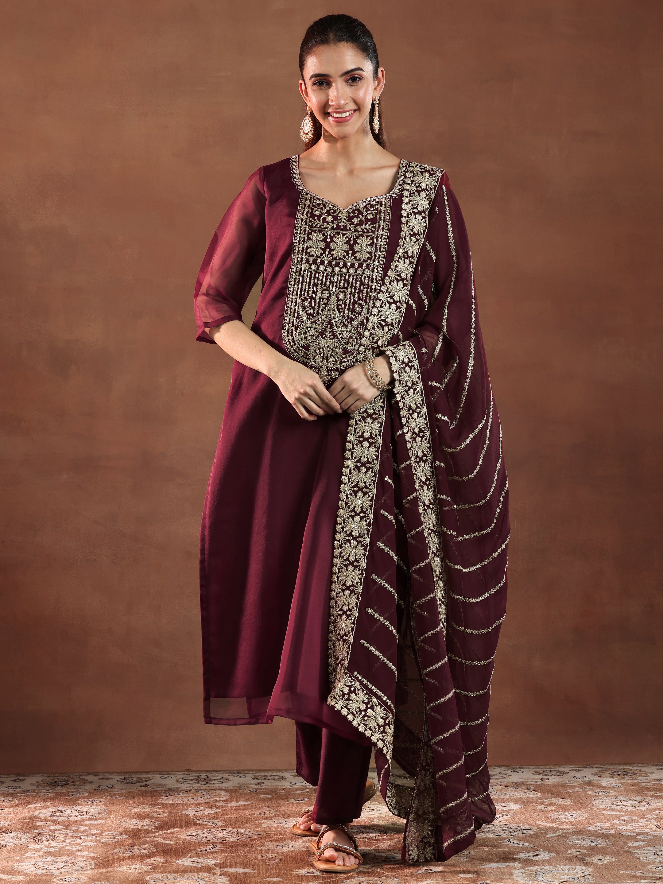 Maroon Yoke Design Organza Straight Suit With Dupatta