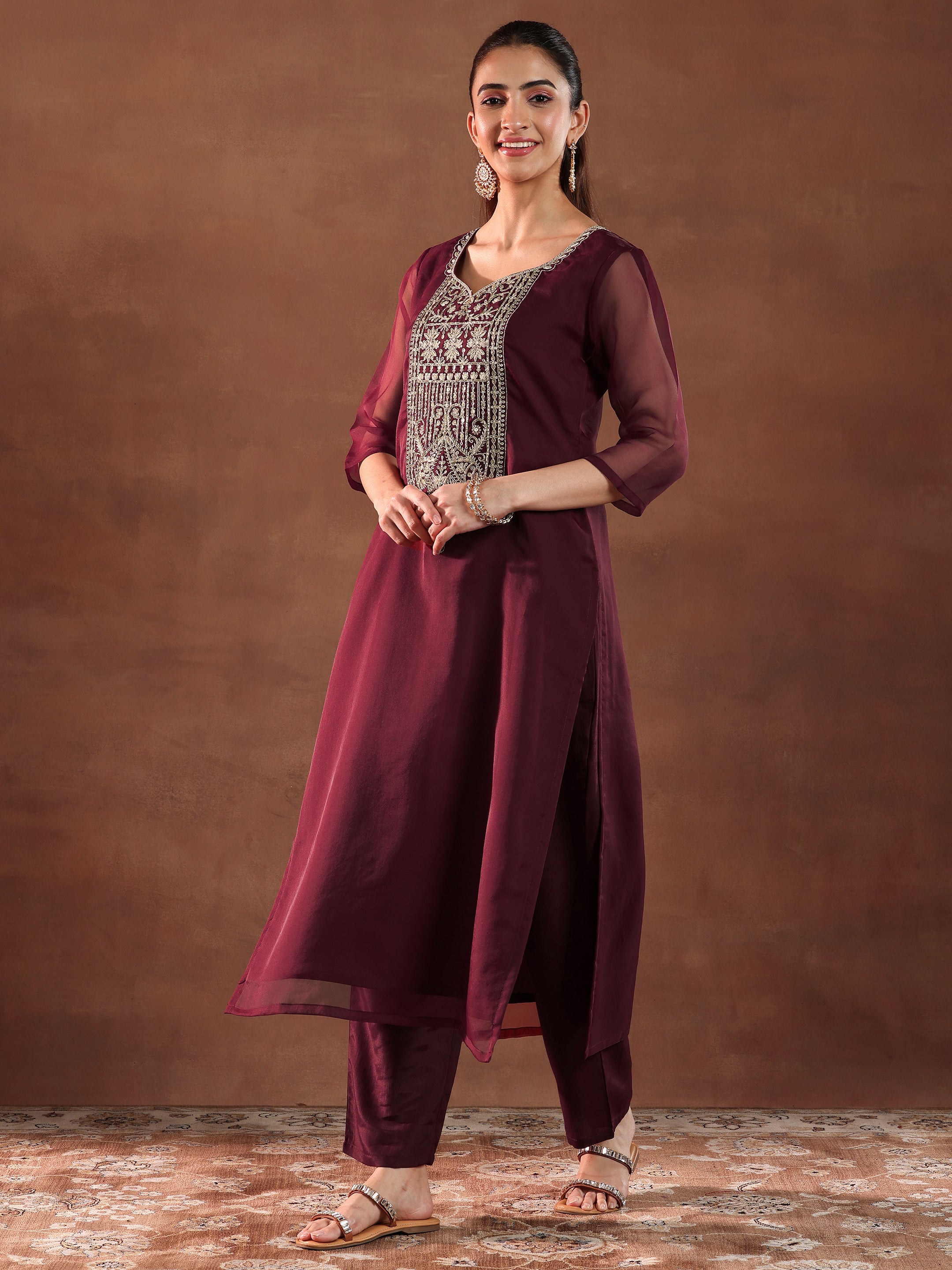 Maroon Yoke Design Organza Straight Suit With Dupatta