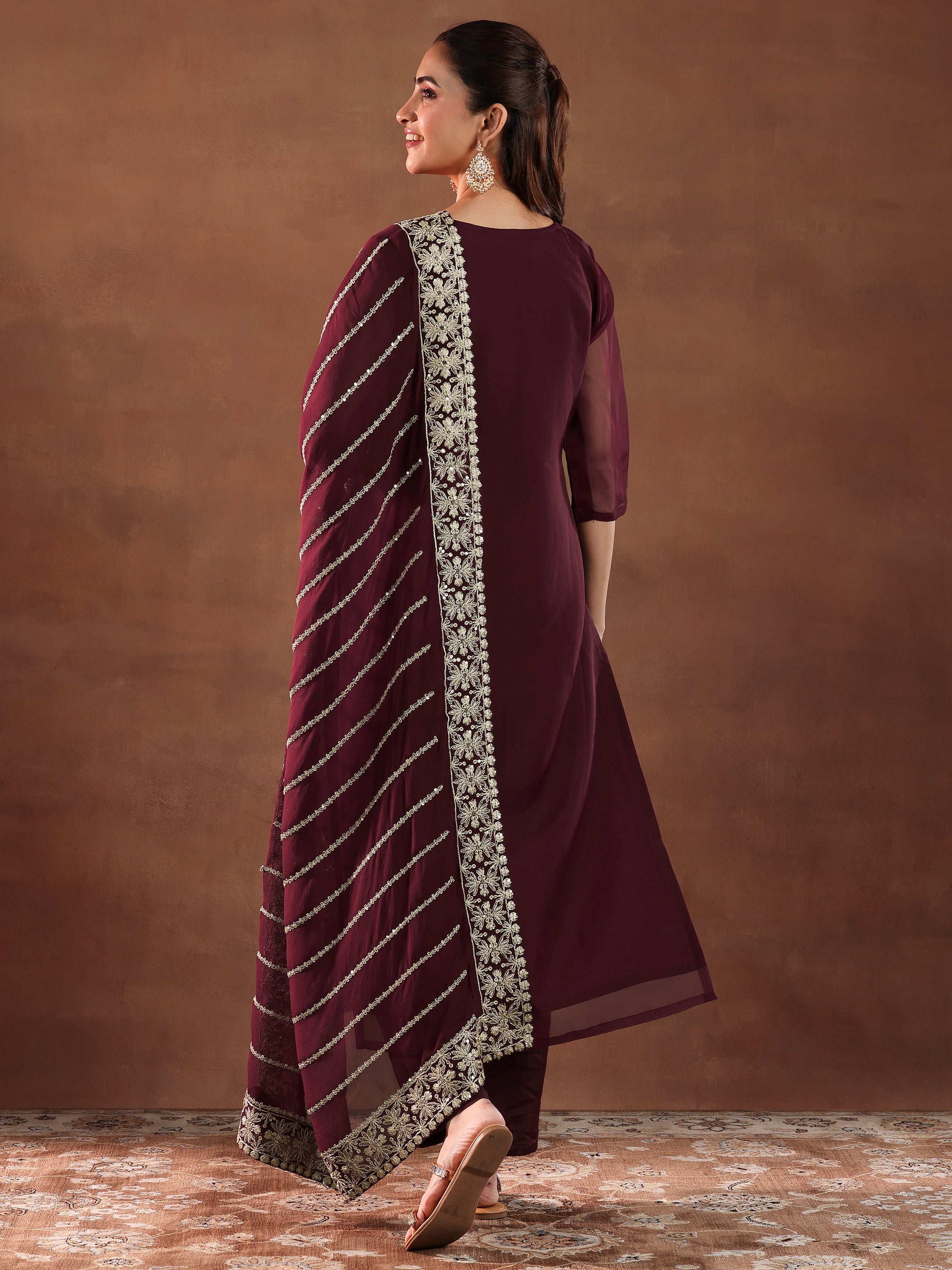 Maroon Yoke Design Organza Straight Suit With Dupatta