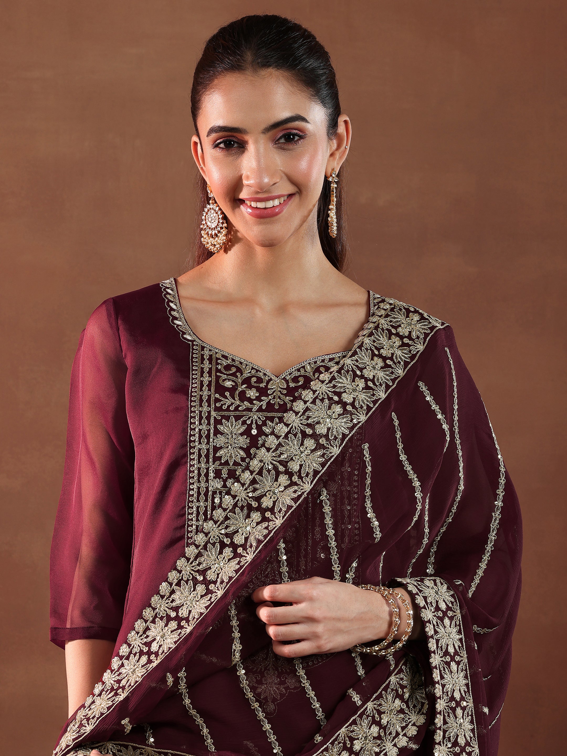 Maroon Yoke Design Organza Straight Suit With Dupatta