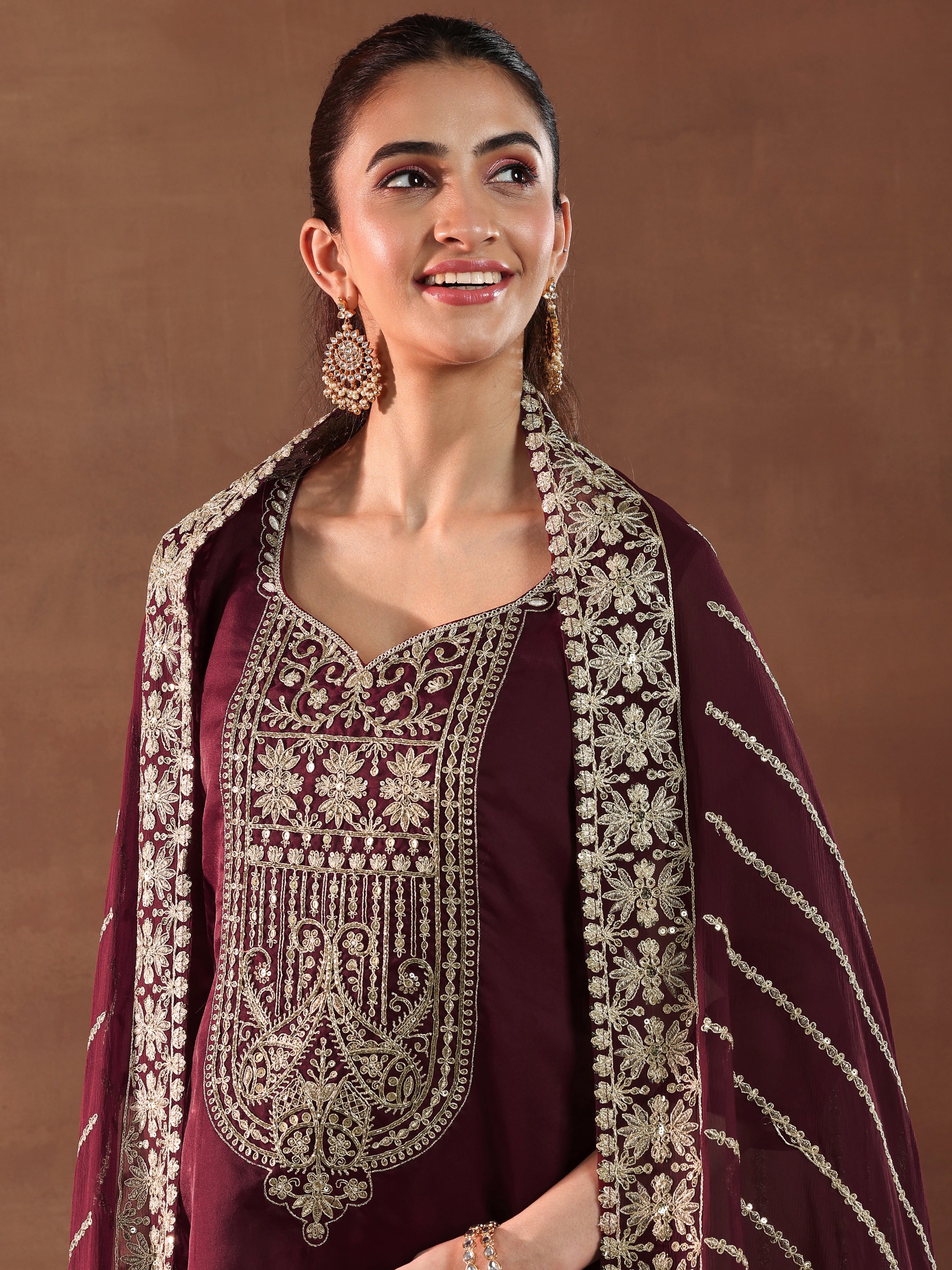 Maroon Yoke Design Organza Straight Suit With Dupatta