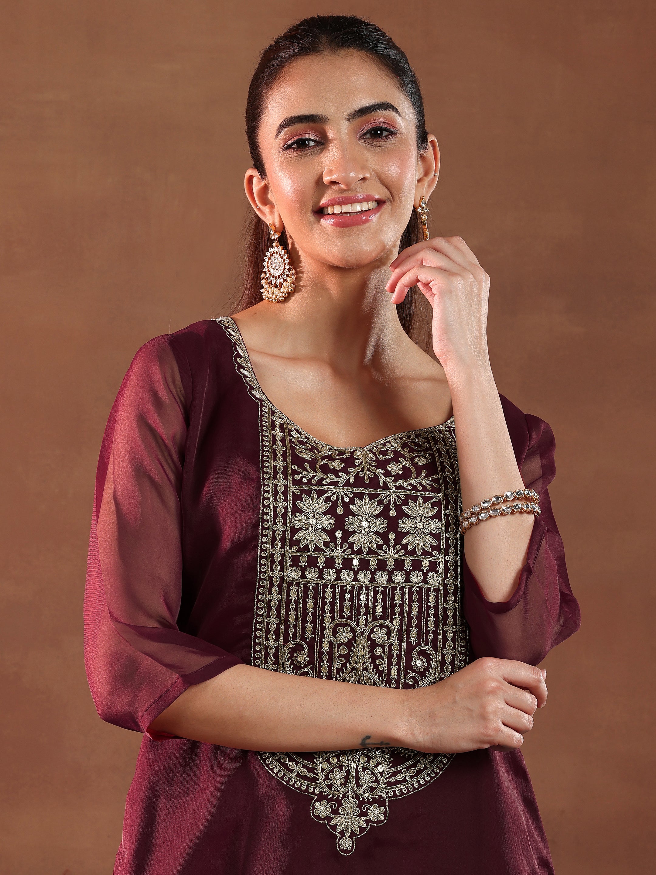 Maroon Yoke Design Organza Straight Suit With Dupatta