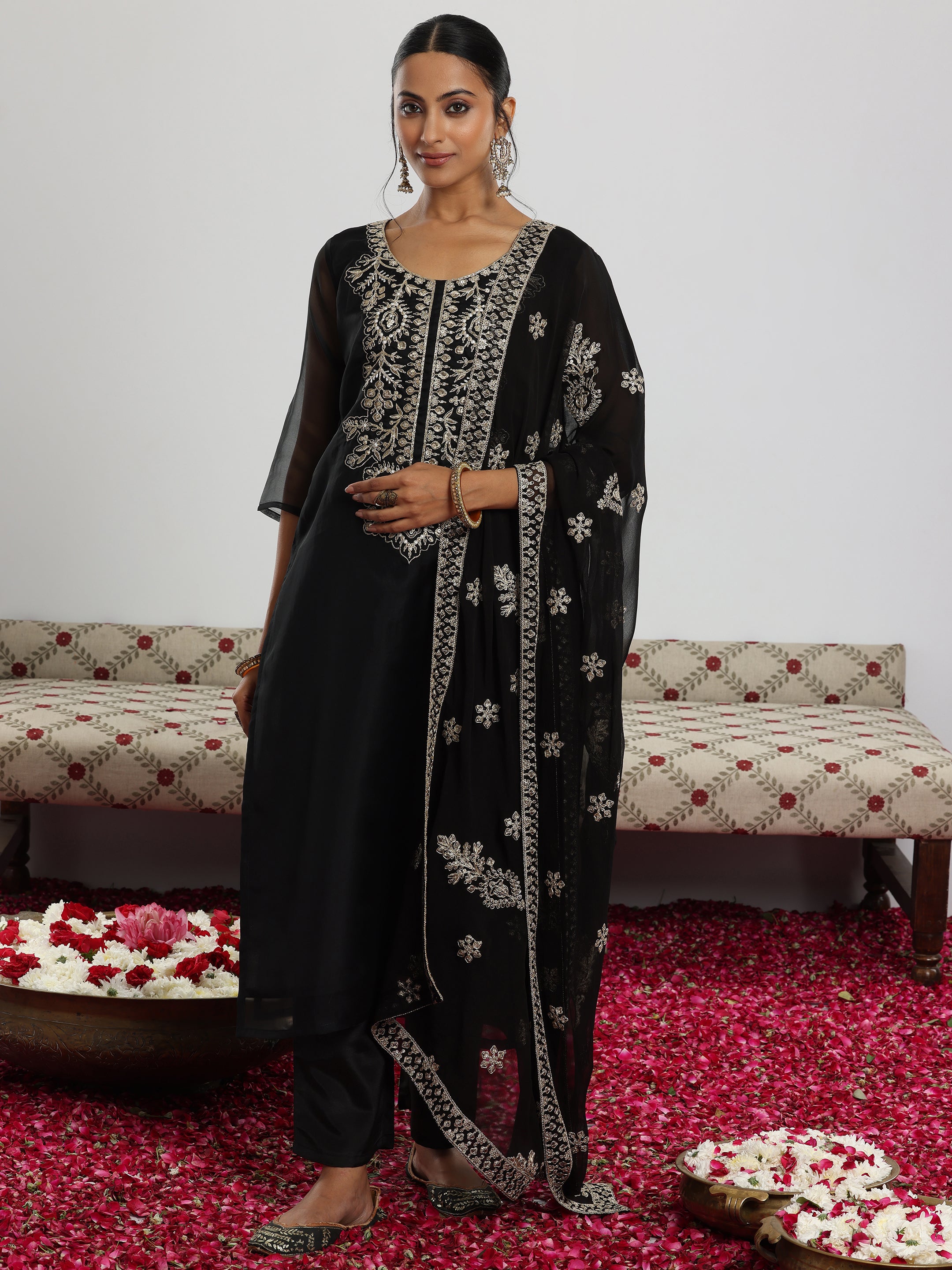 Black Yoke Design Organza Straight Suit With Dupatta