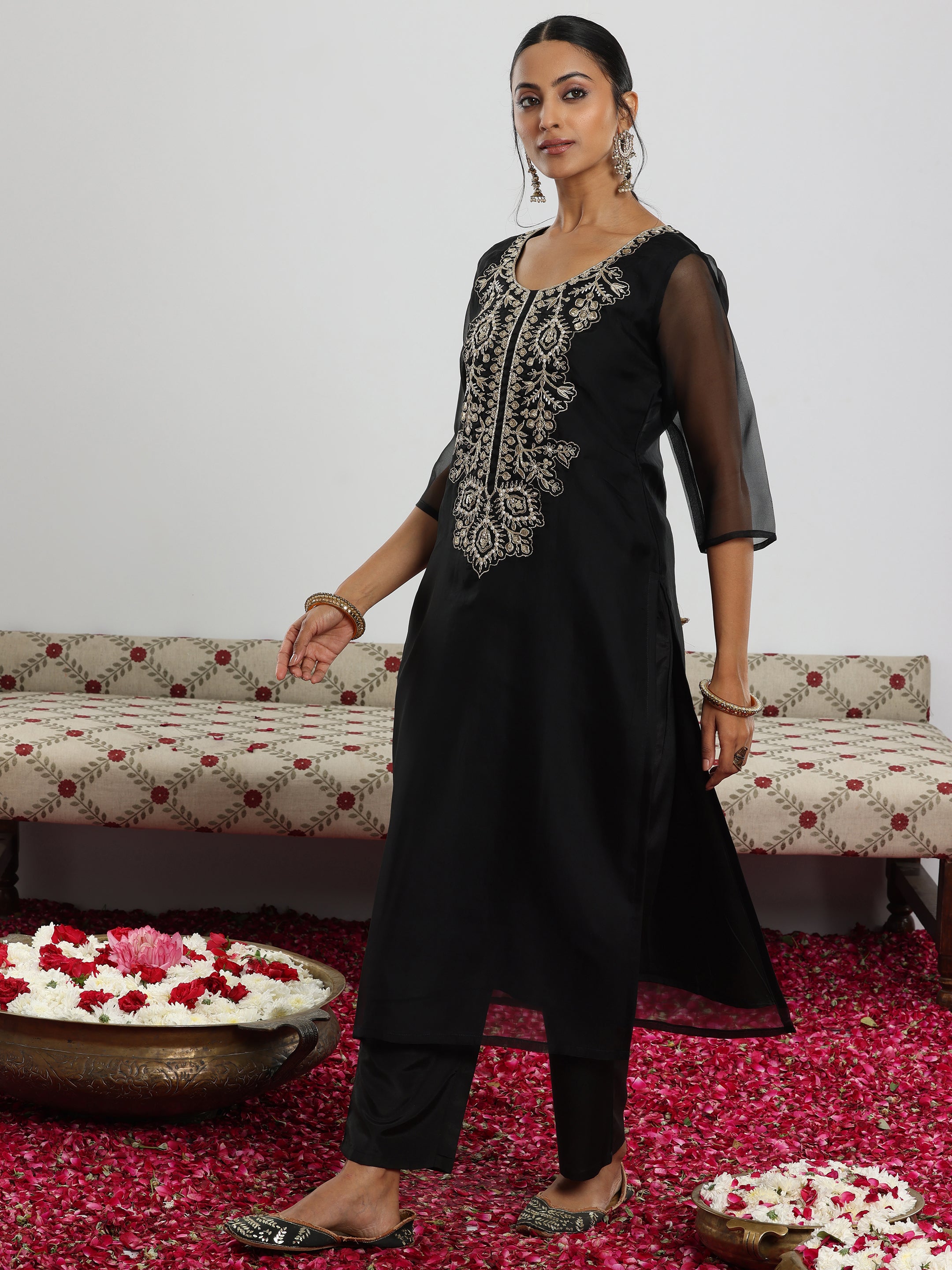 Black Yoke Design Organza Straight Suit With Dupatta