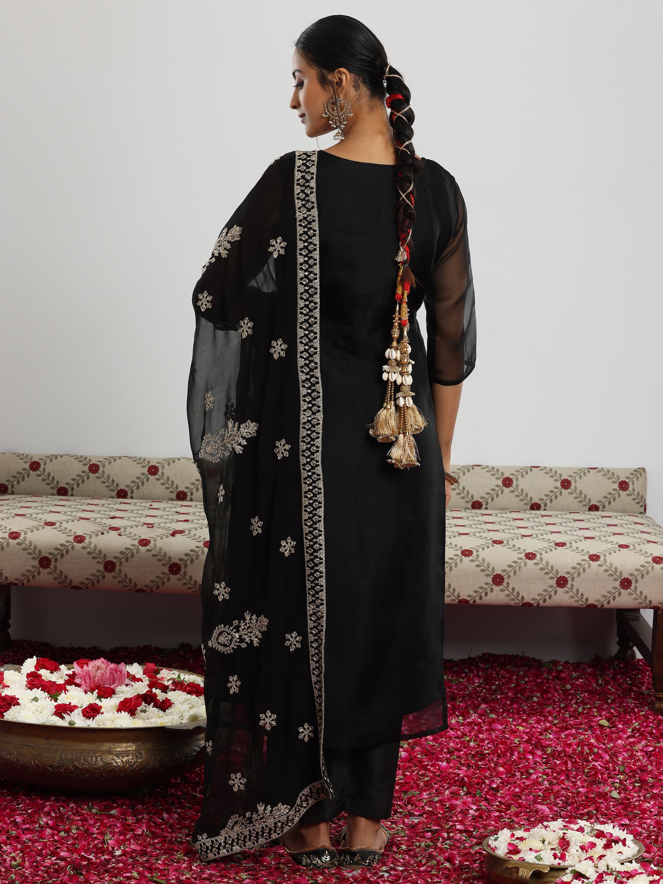 Black Yoke Design Organza Straight Suit With Dupatta