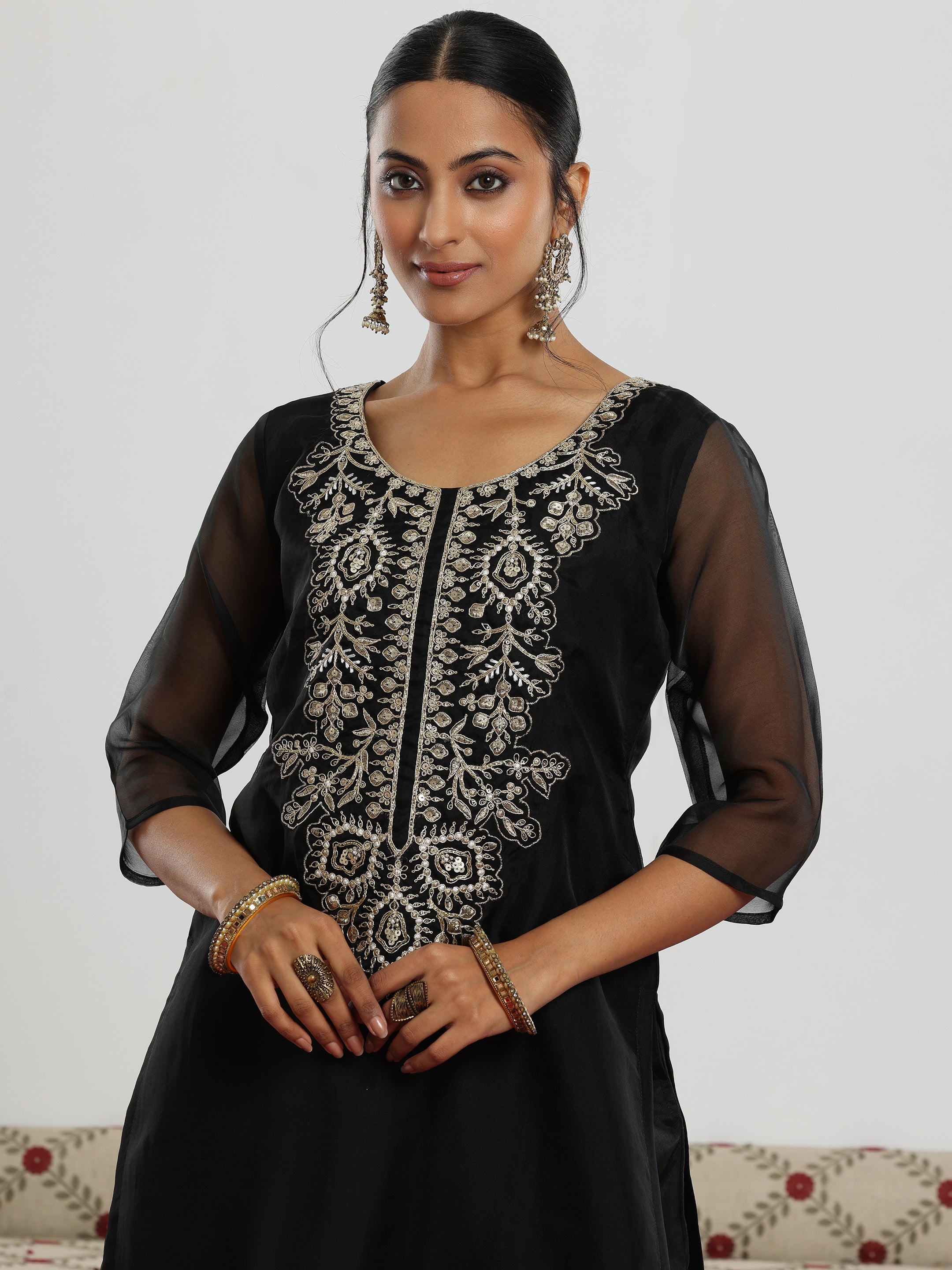 Black Yoke Design Organza Straight Suit With Dupatta