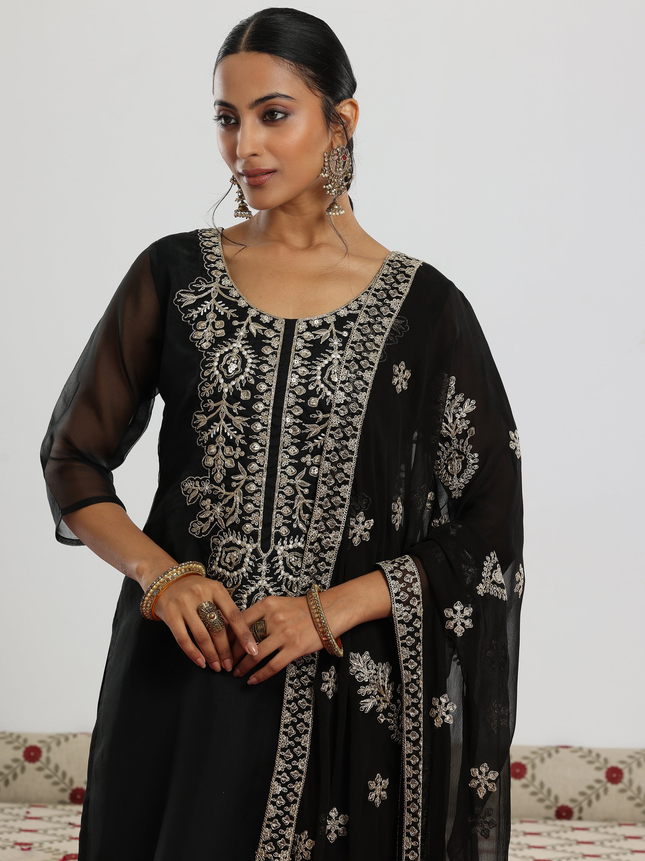 Black Yoke Design Organza Straight Suit With Dupatta