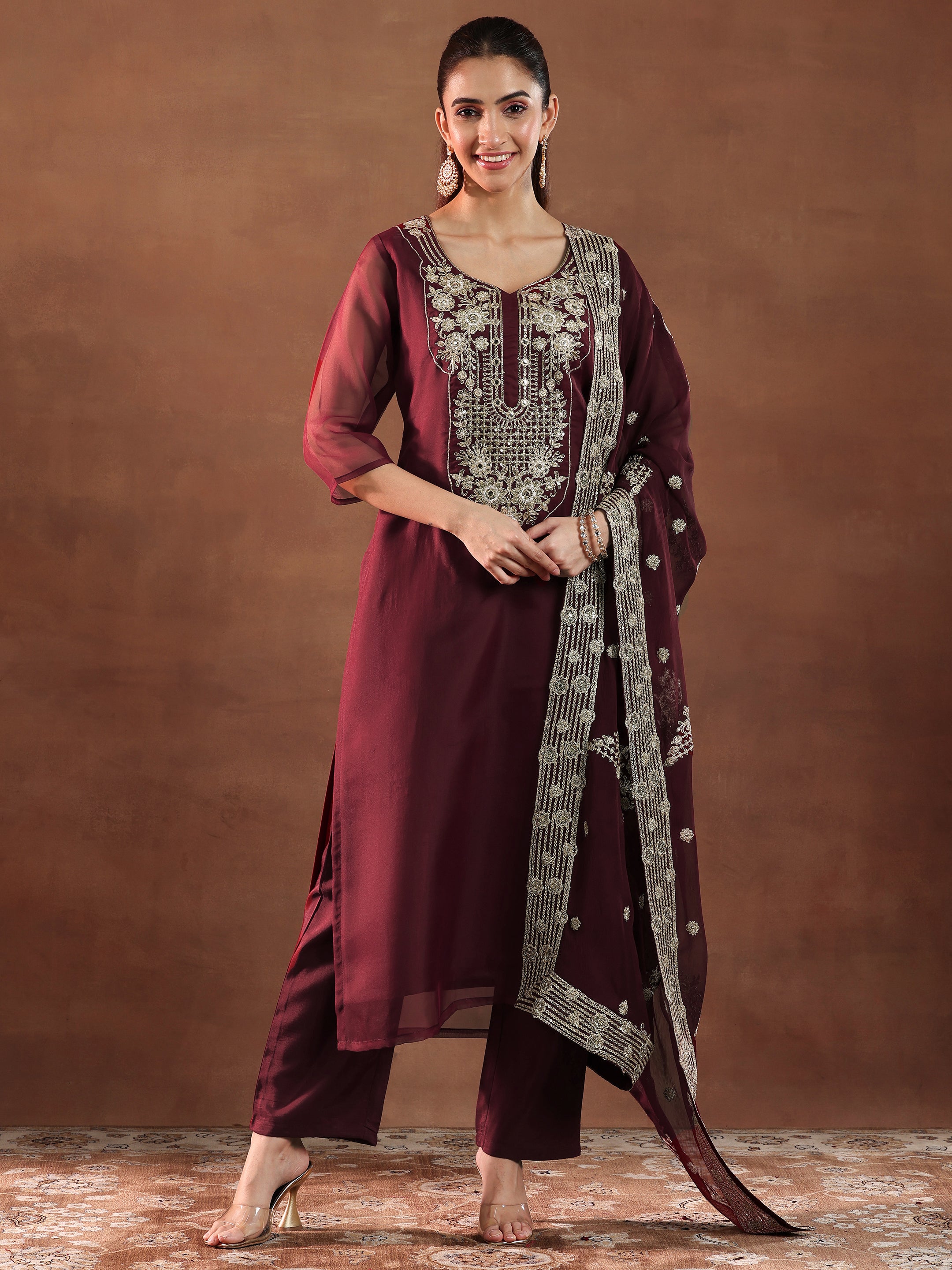 Maroon Yoke Design Organza Straight Suit With Dupatta