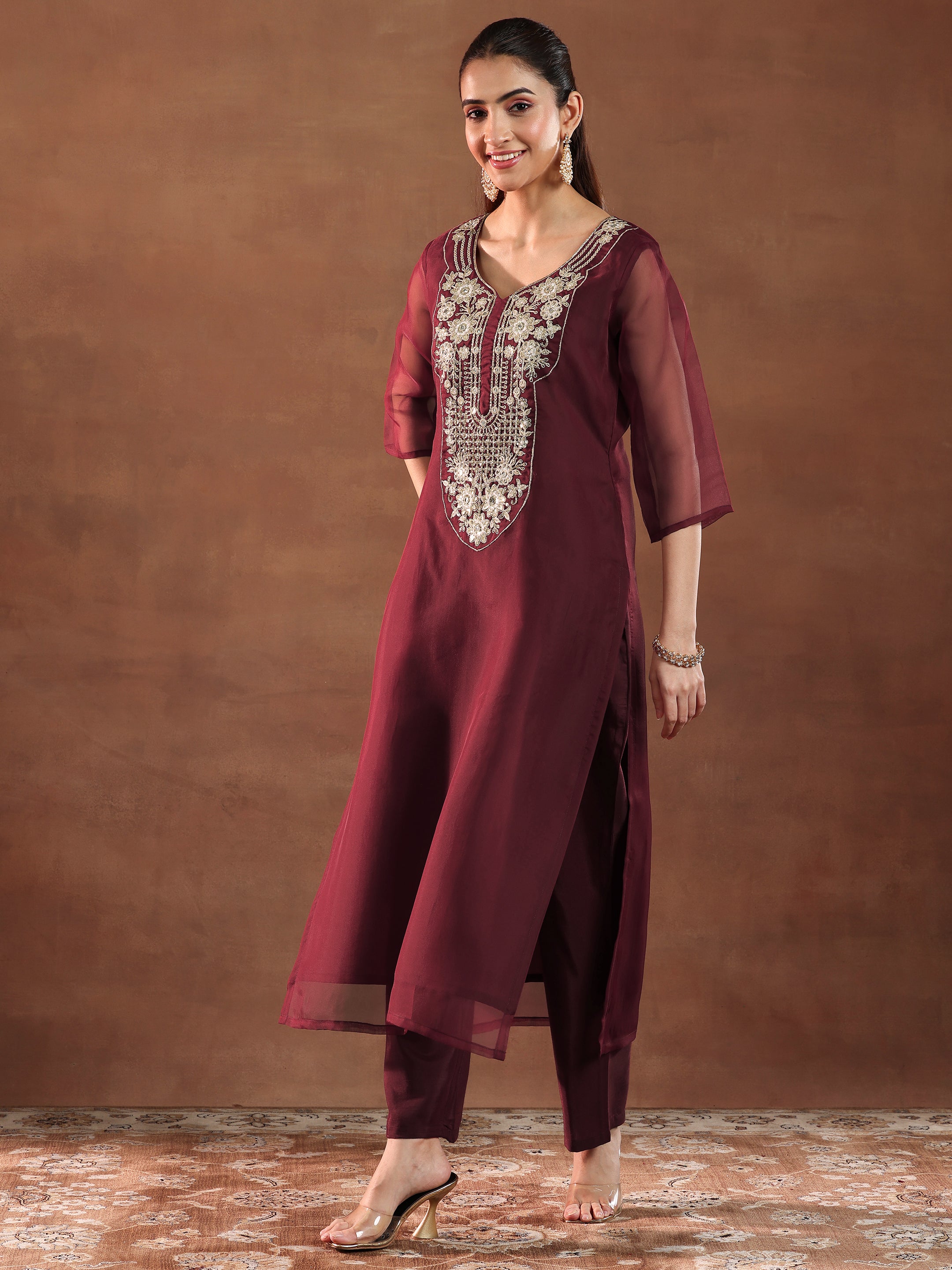 Maroon Yoke Design Organza Straight Suit With Dupatta