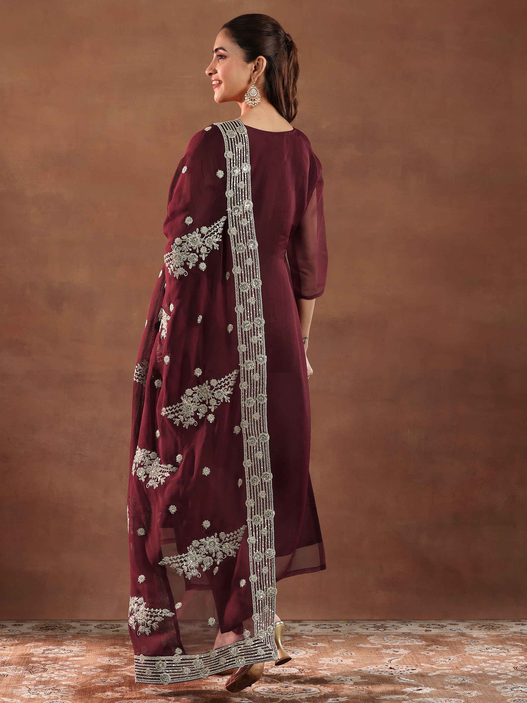 Maroon Yoke Design Organza Straight Suit With Dupatta