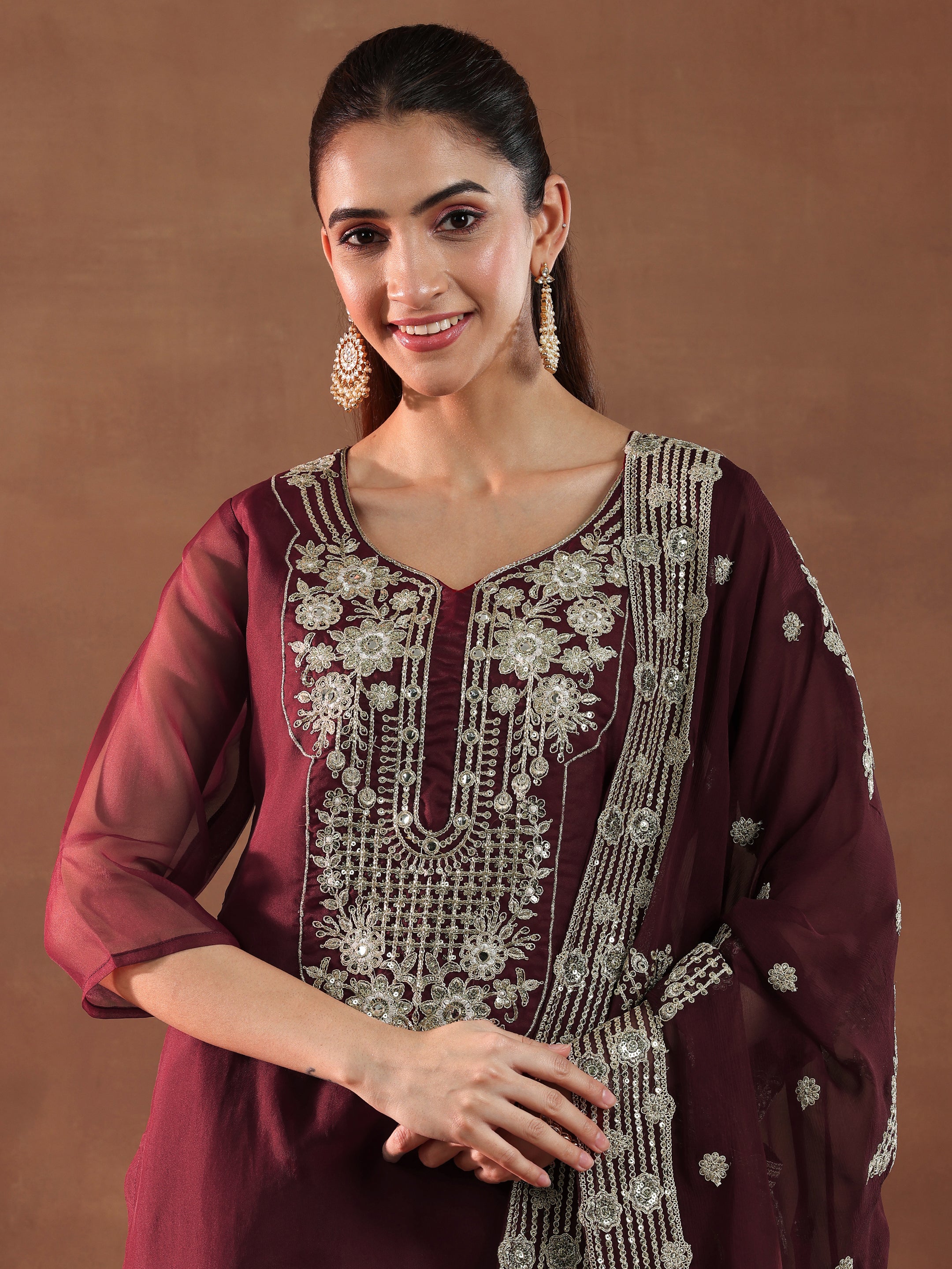 Maroon Yoke Design Organza Straight Suit With Dupatta