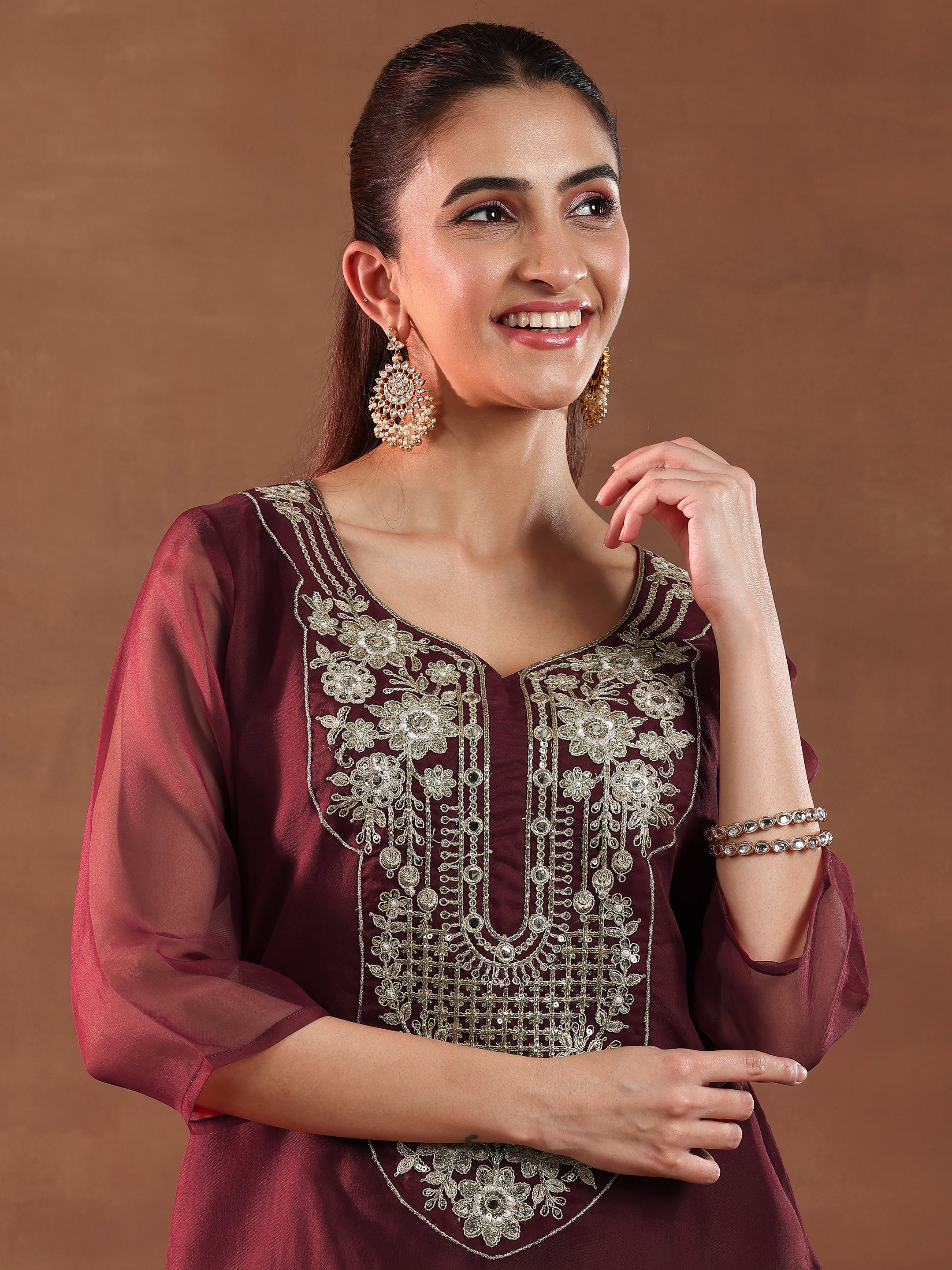 Maroon Yoke Design Organza Straight Suit With Dupatta