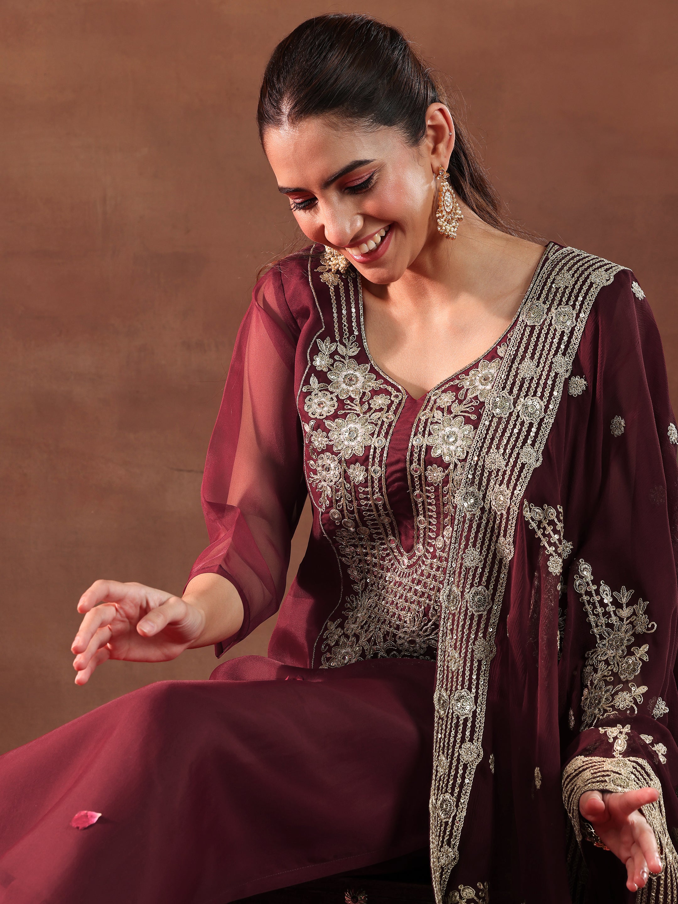 Maroon Yoke Design Organza Straight Suit With Dupatta