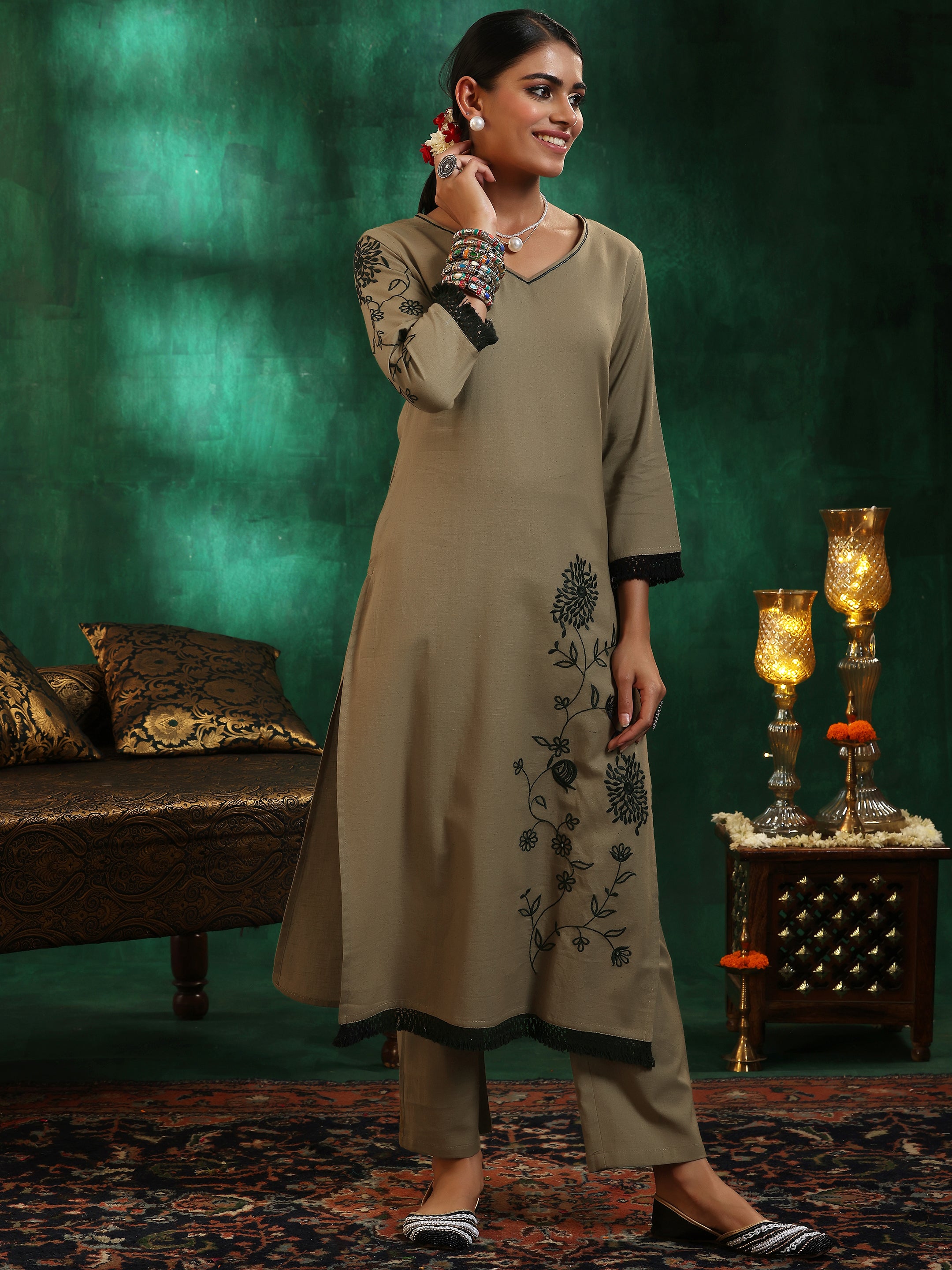 Taupe Embroidered Cotton Straight Suit With Dupatta