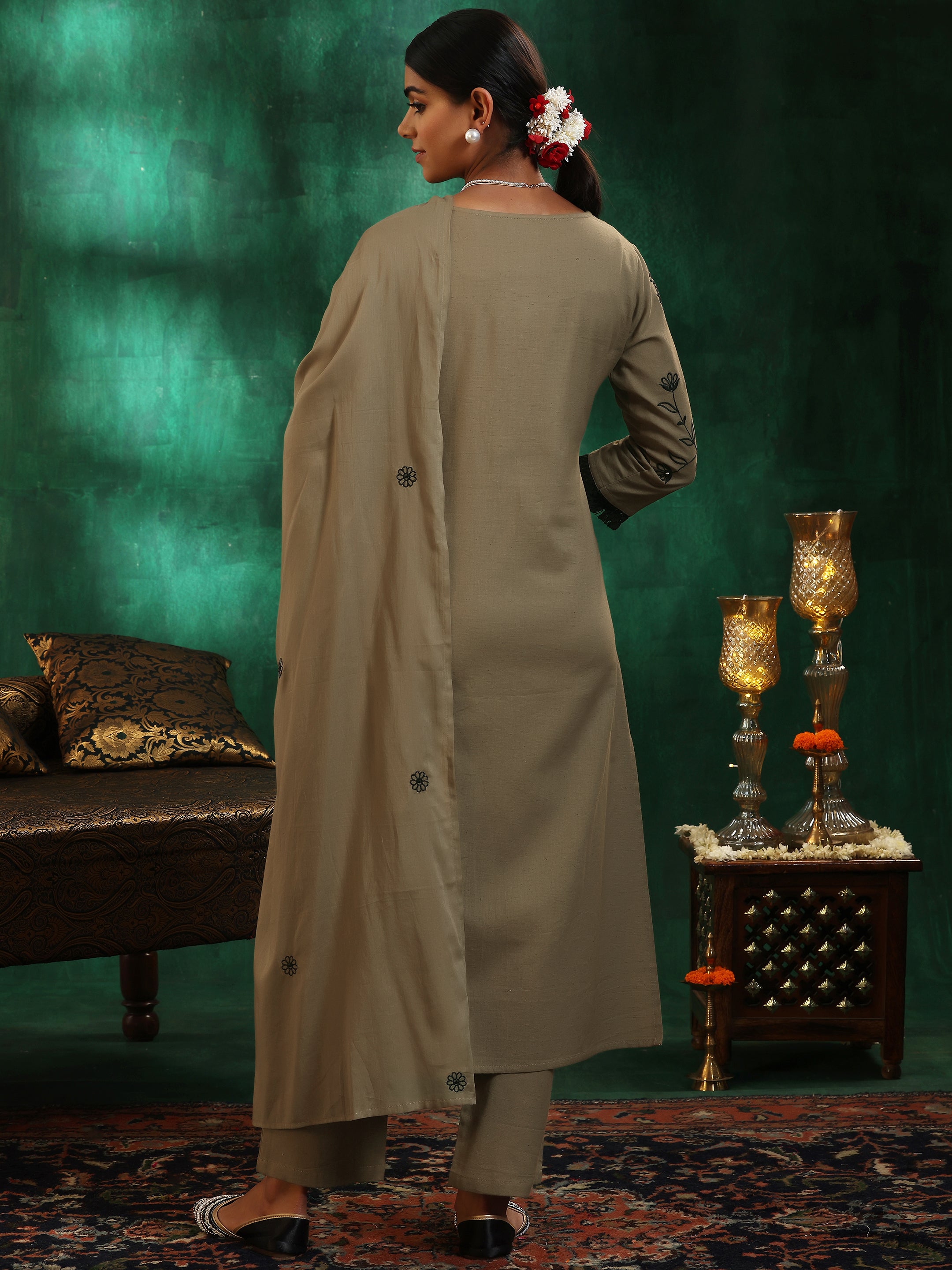 Taupe Embroidered Cotton Straight Suit With Dupatta