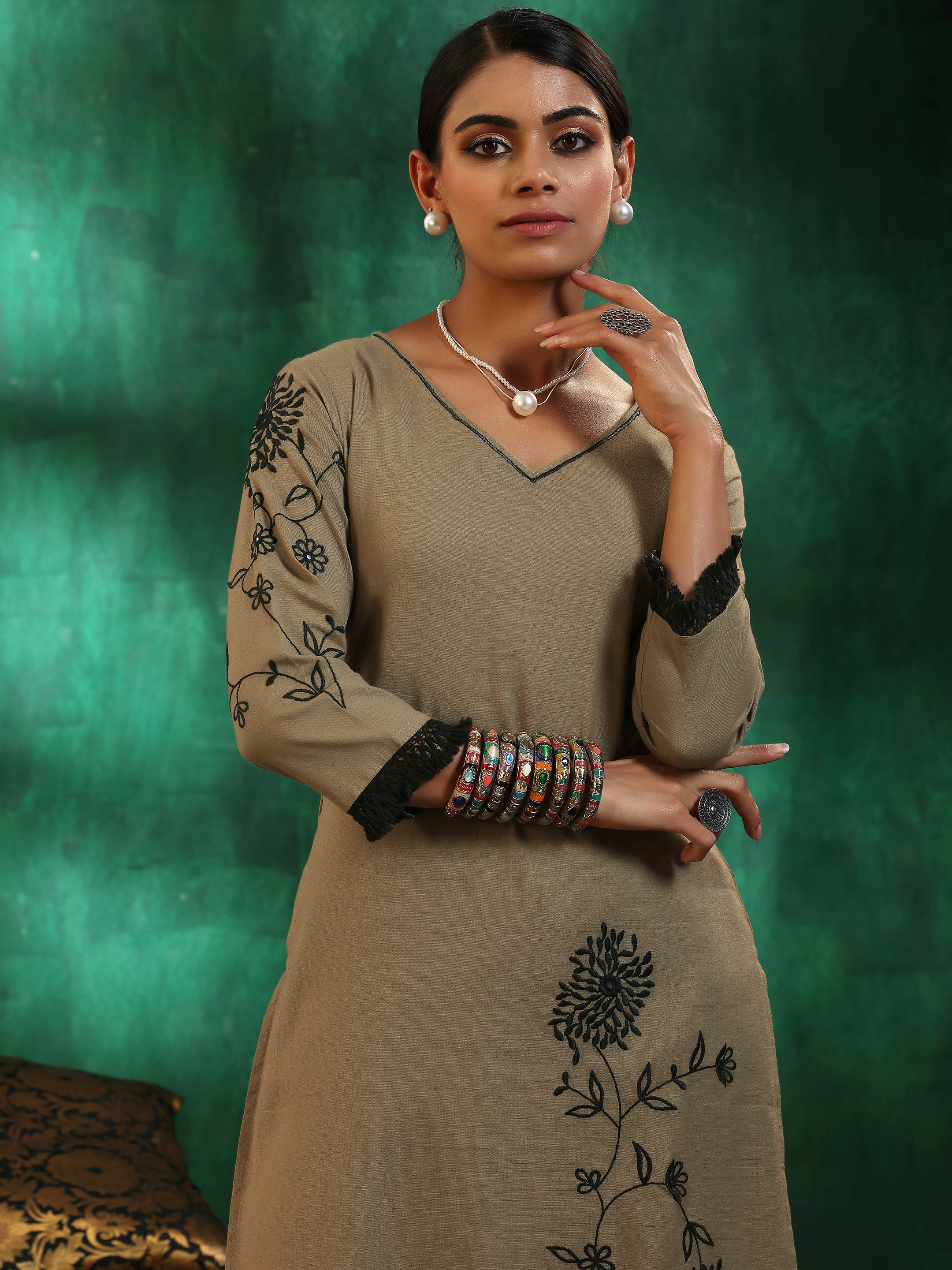 Taupe Embroidered Cotton Straight Suit With Dupatta