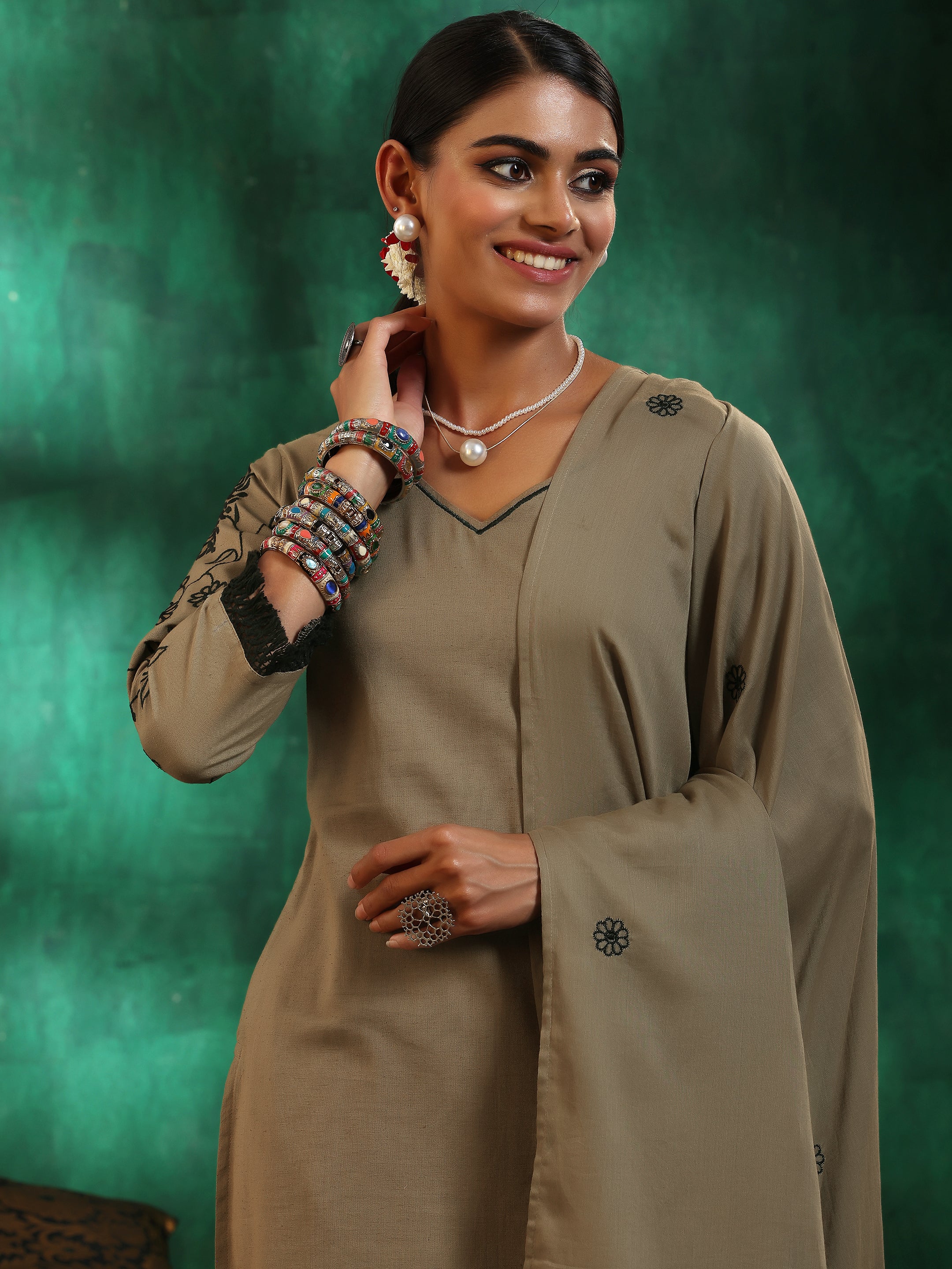 Taupe Embroidered Cotton Straight Suit With Dupatta