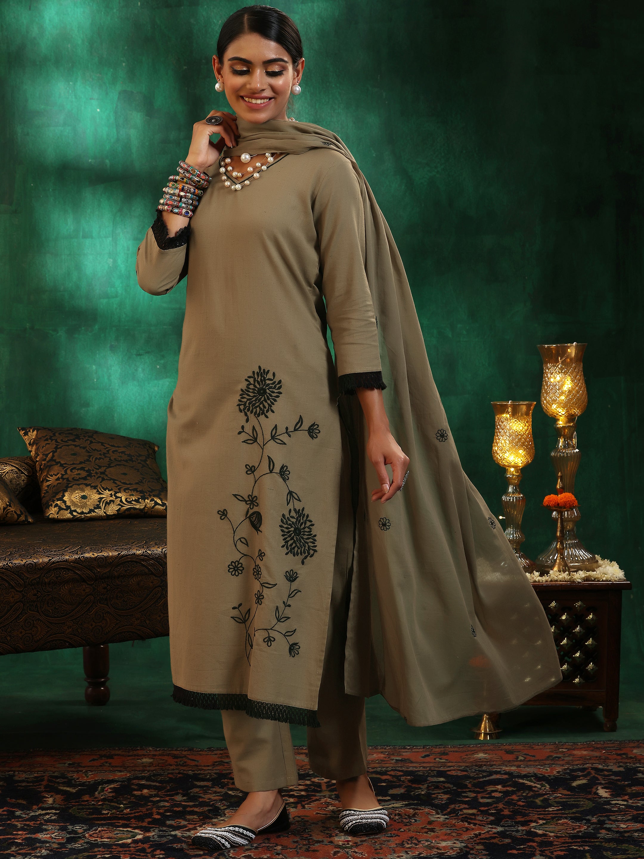 Taupe Embroidered Cotton Straight Suit With Dupatta