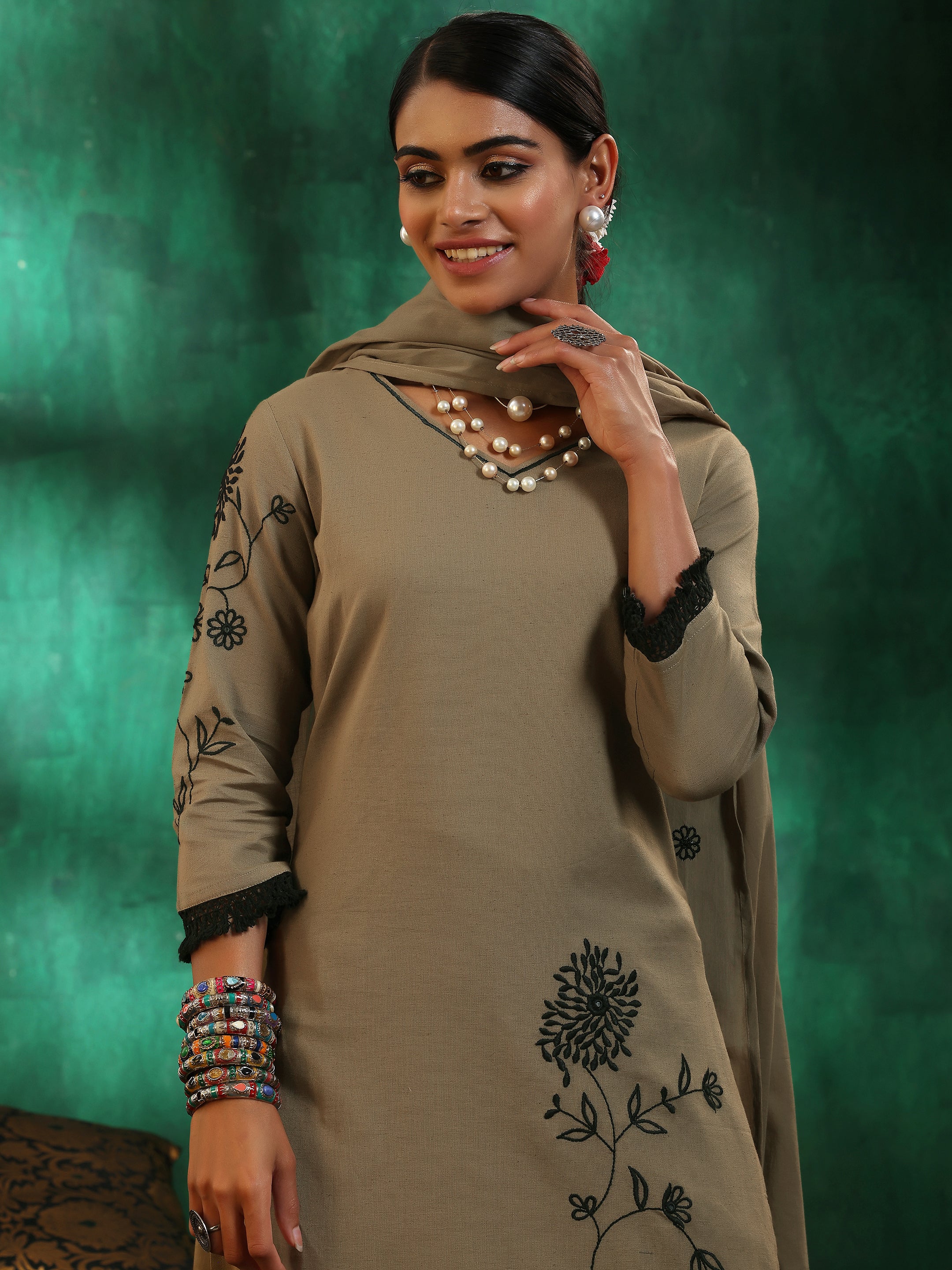 Taupe Embroidered Cotton Straight Suit With Dupatta