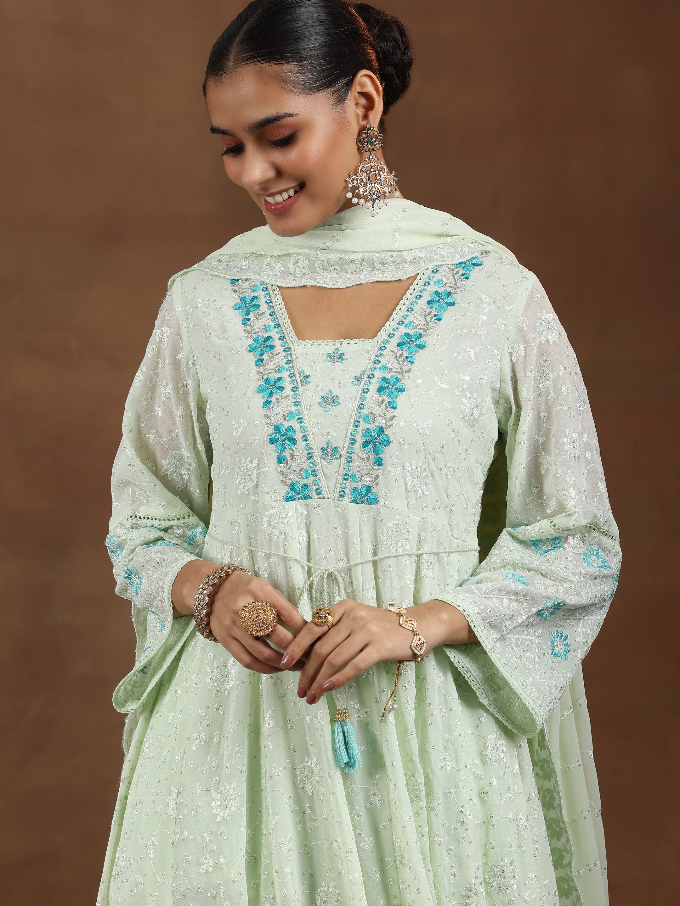 Green Embroidered Georgette Anarkali Suit With Dupatta