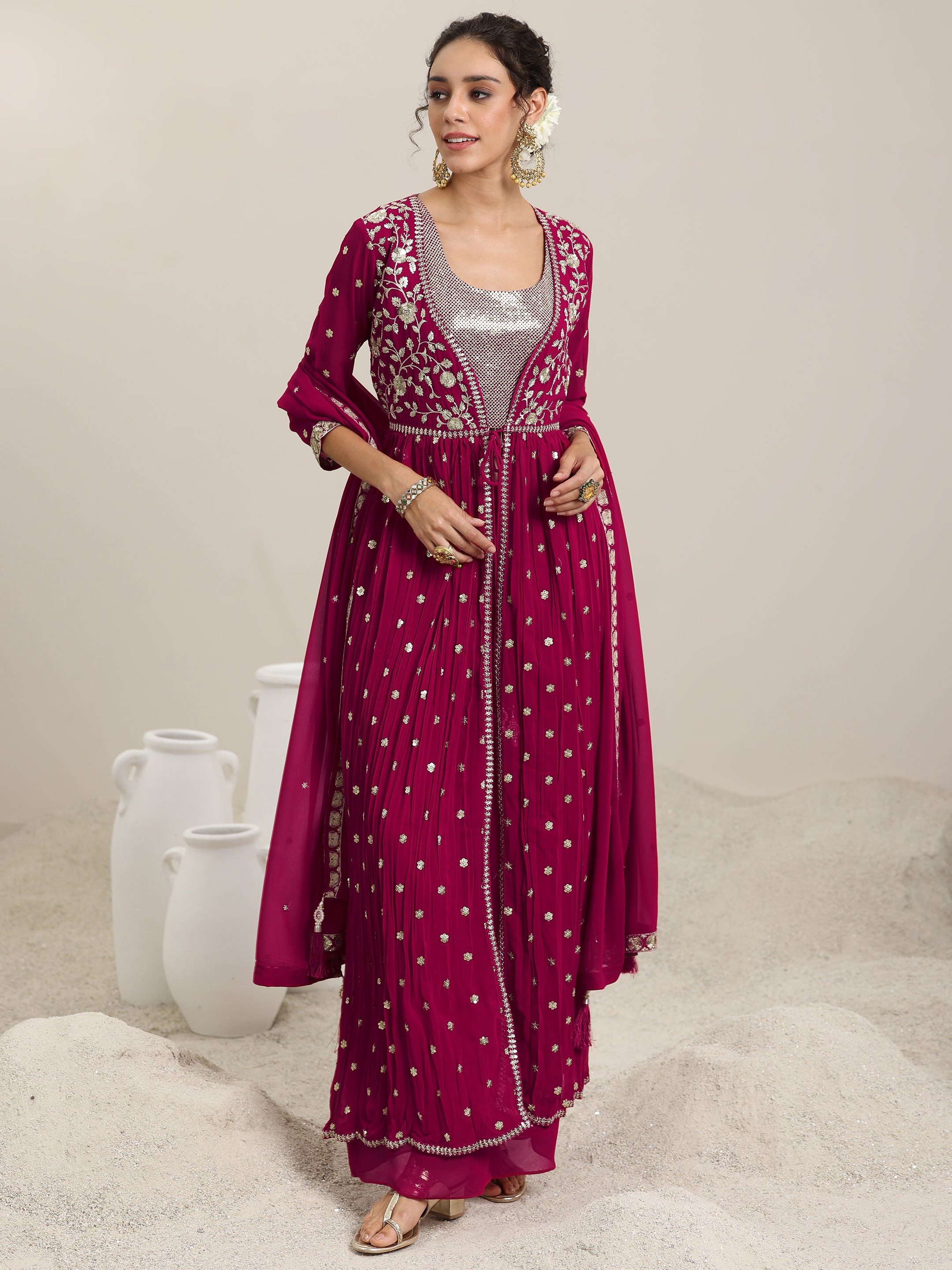 Pink Embellished Georgette Co-Ords With Shrug