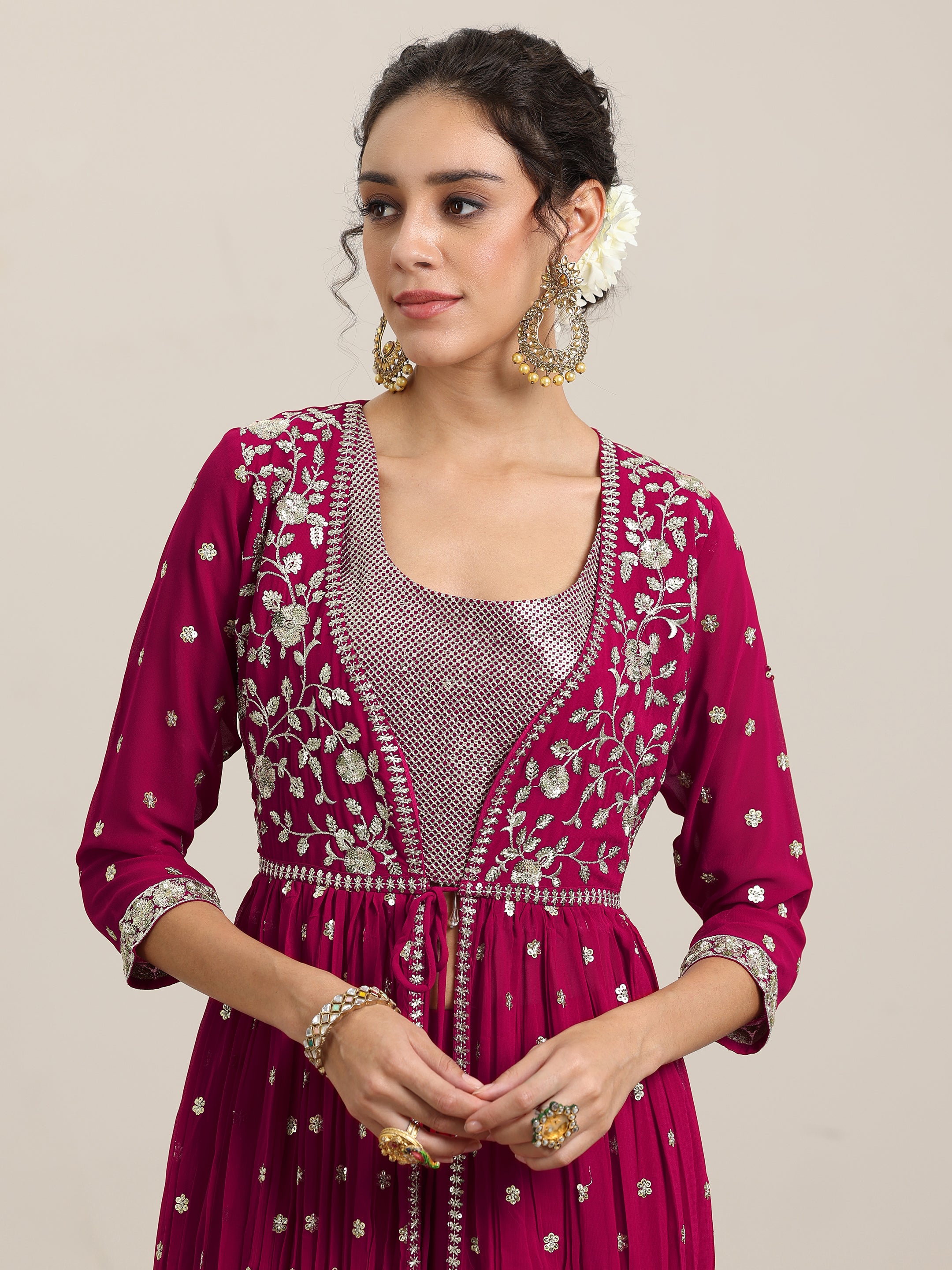 Pink Embellished Georgette Co-Ords With Shrug