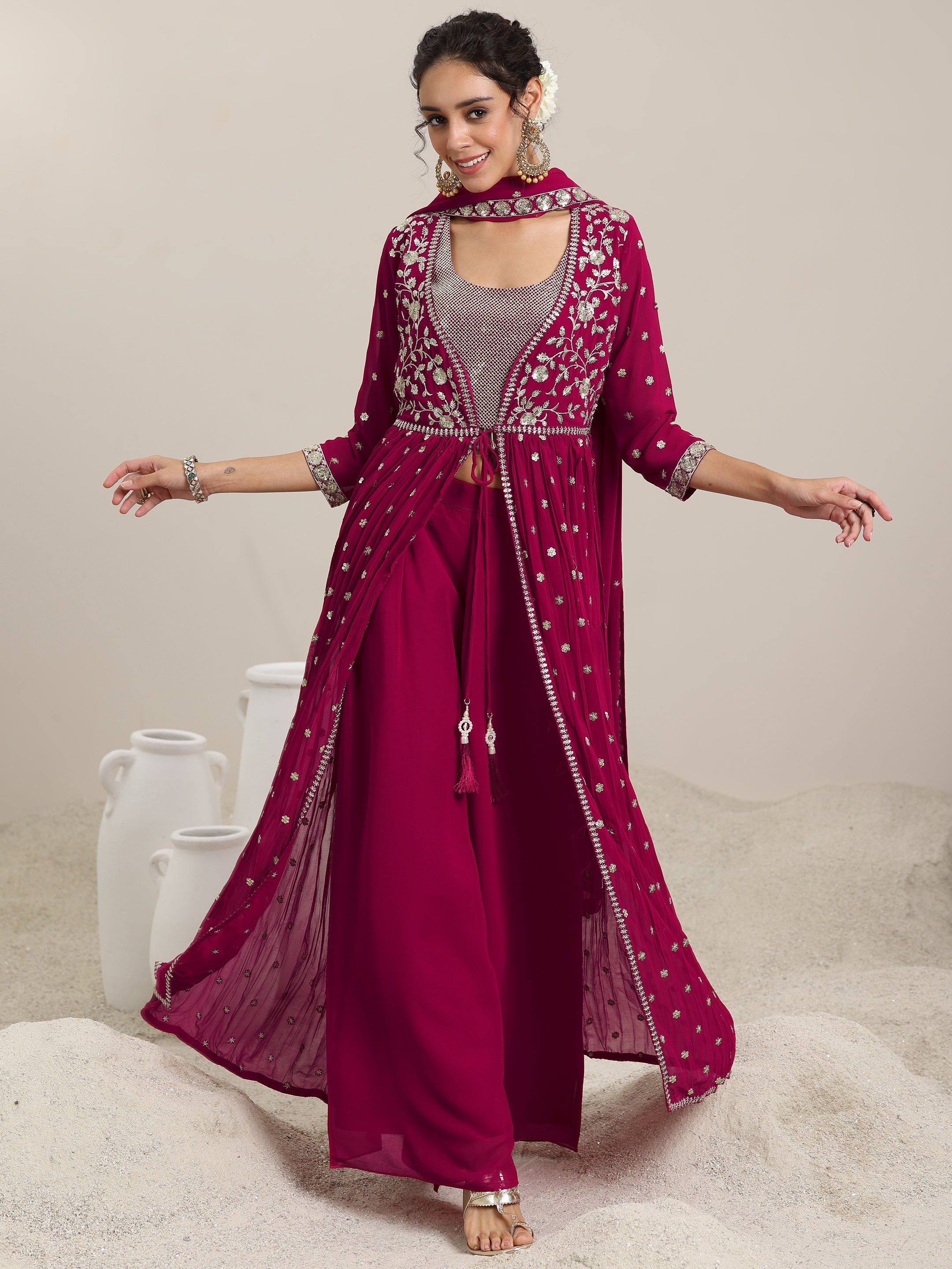 Pink Embellished Georgette Co-Ords With Shrug