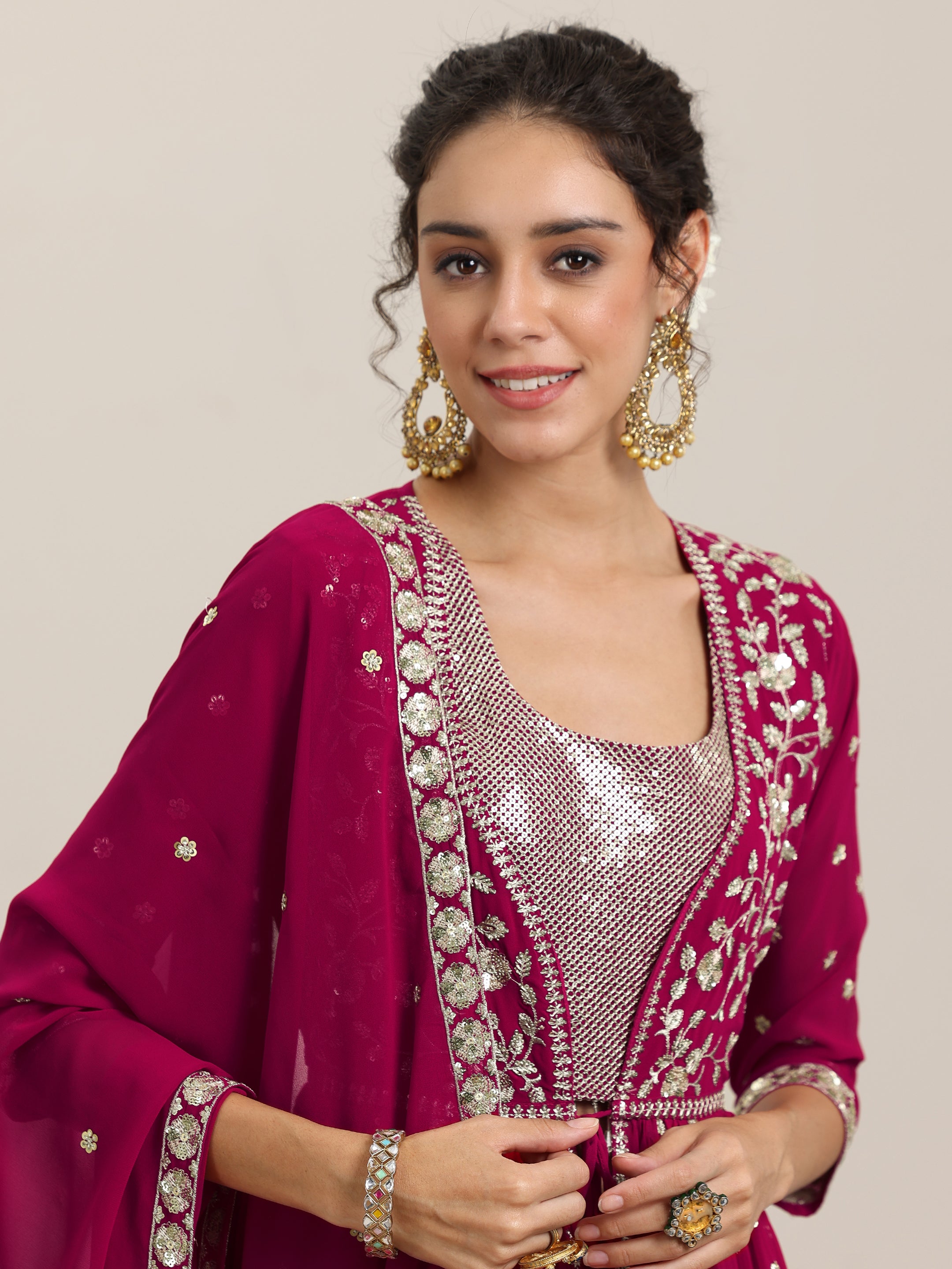 Pink Embellished Georgette Co-Ords With Shrug