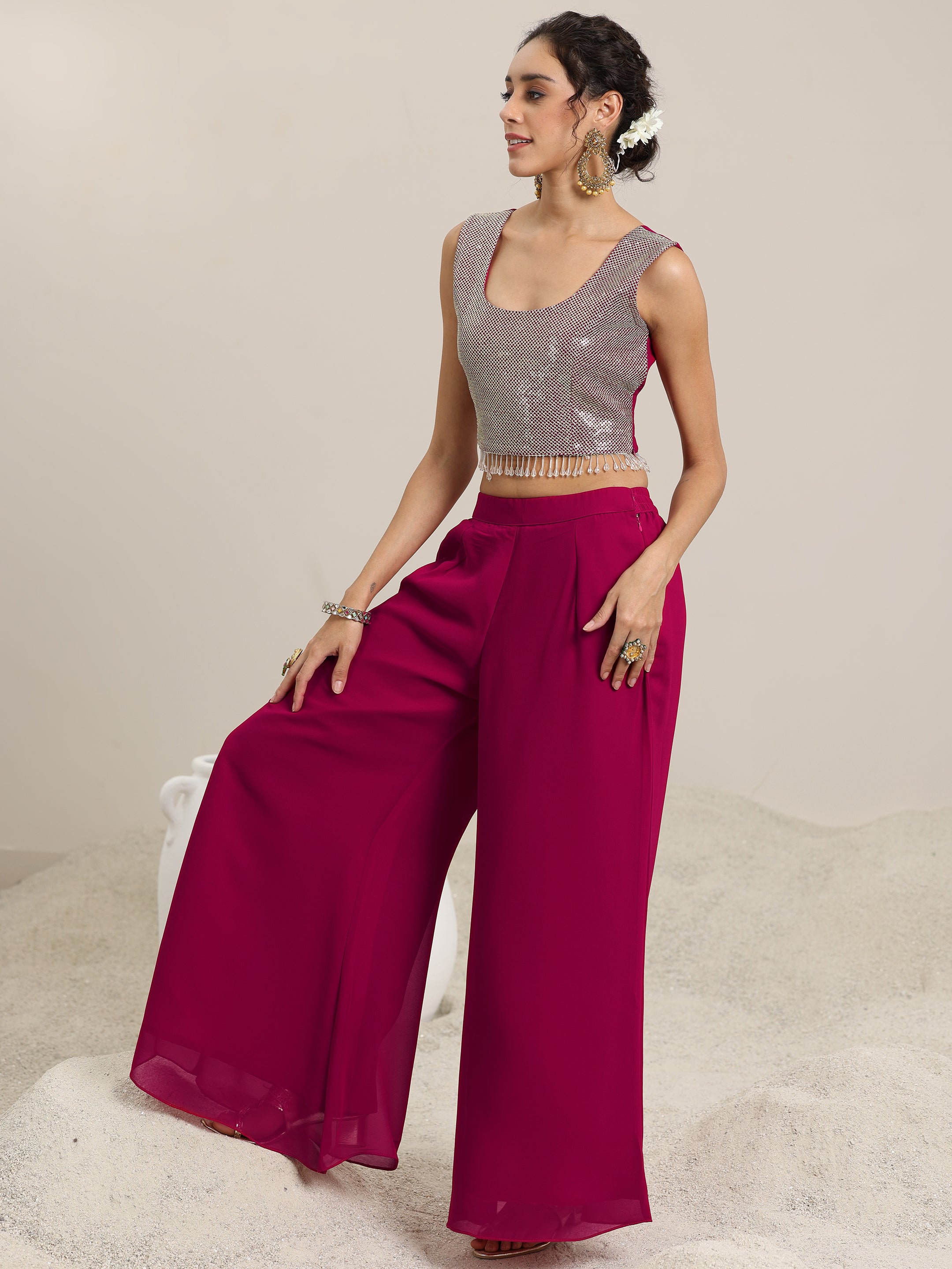 Pink Embellished Georgette Co-Ords With Shrug