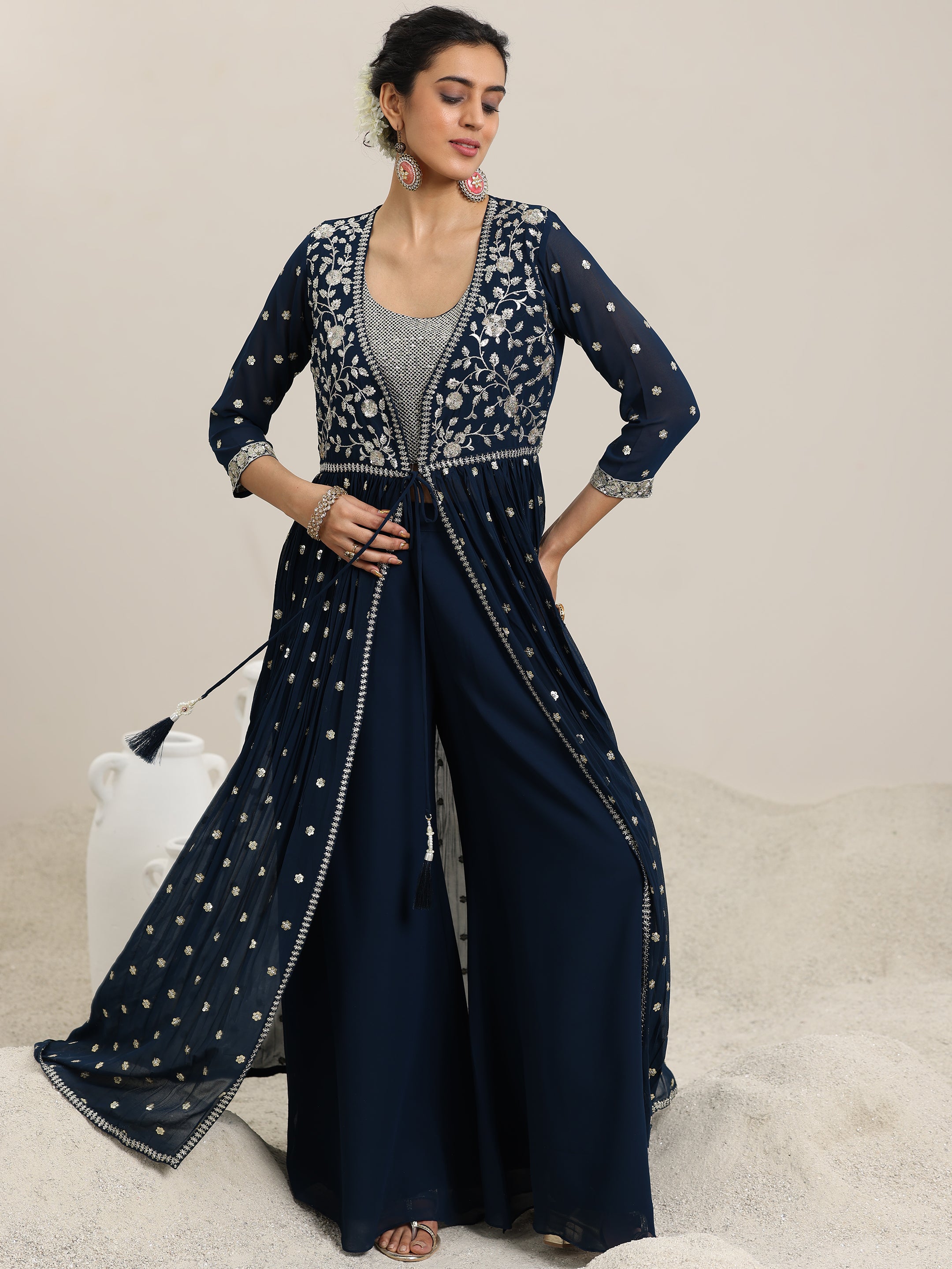 Blue Embellished Georgette Co-Ords With Shrug