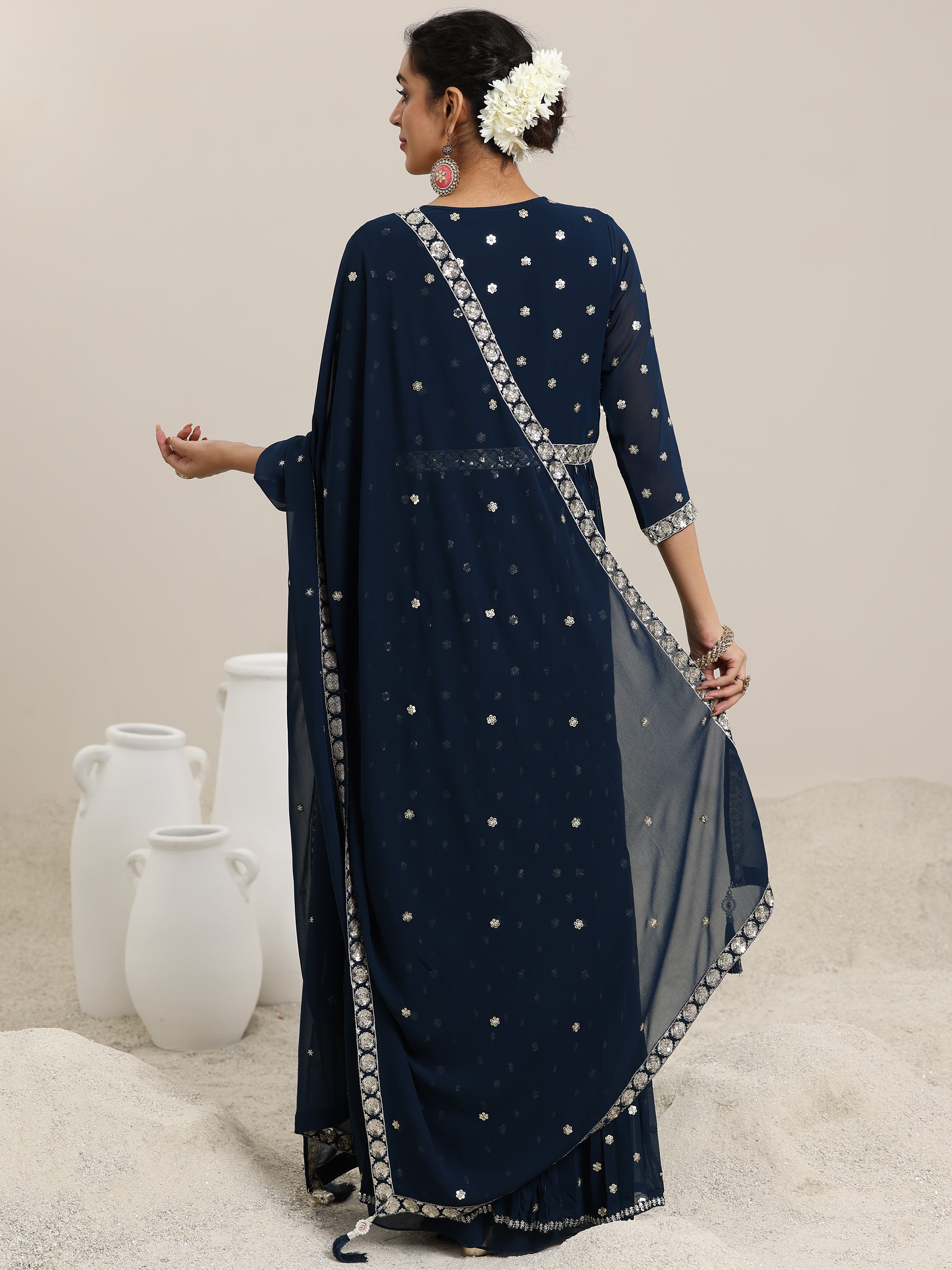 Blue Embellished Georgette Co-Ords With Shrug