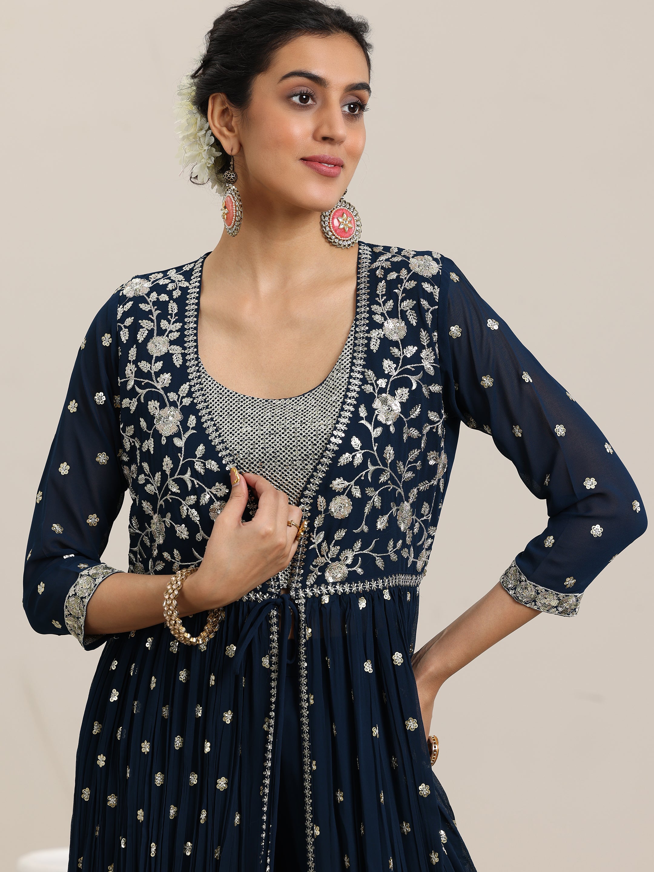 Blue Embellished Georgette Co-Ords With Shrug