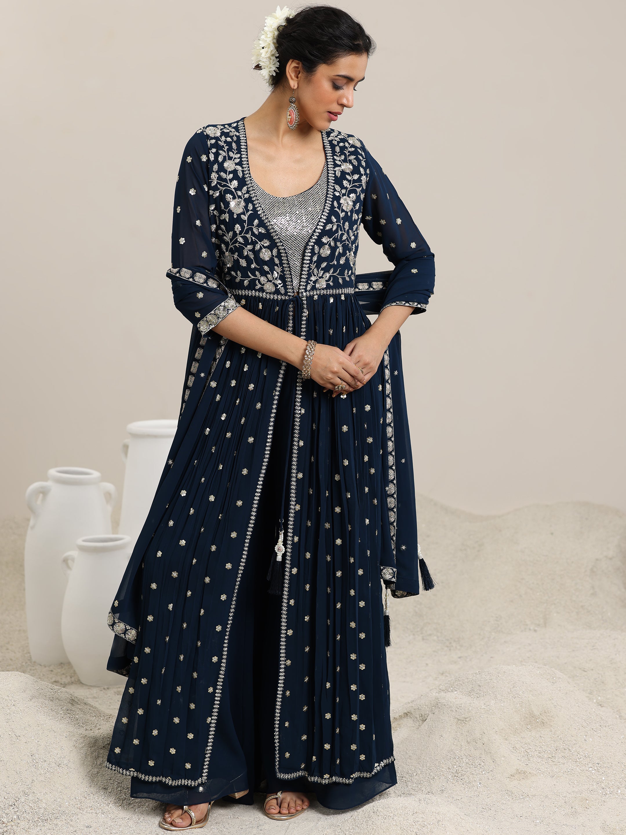 Blue Embellished Georgette Co-Ords With Shrug