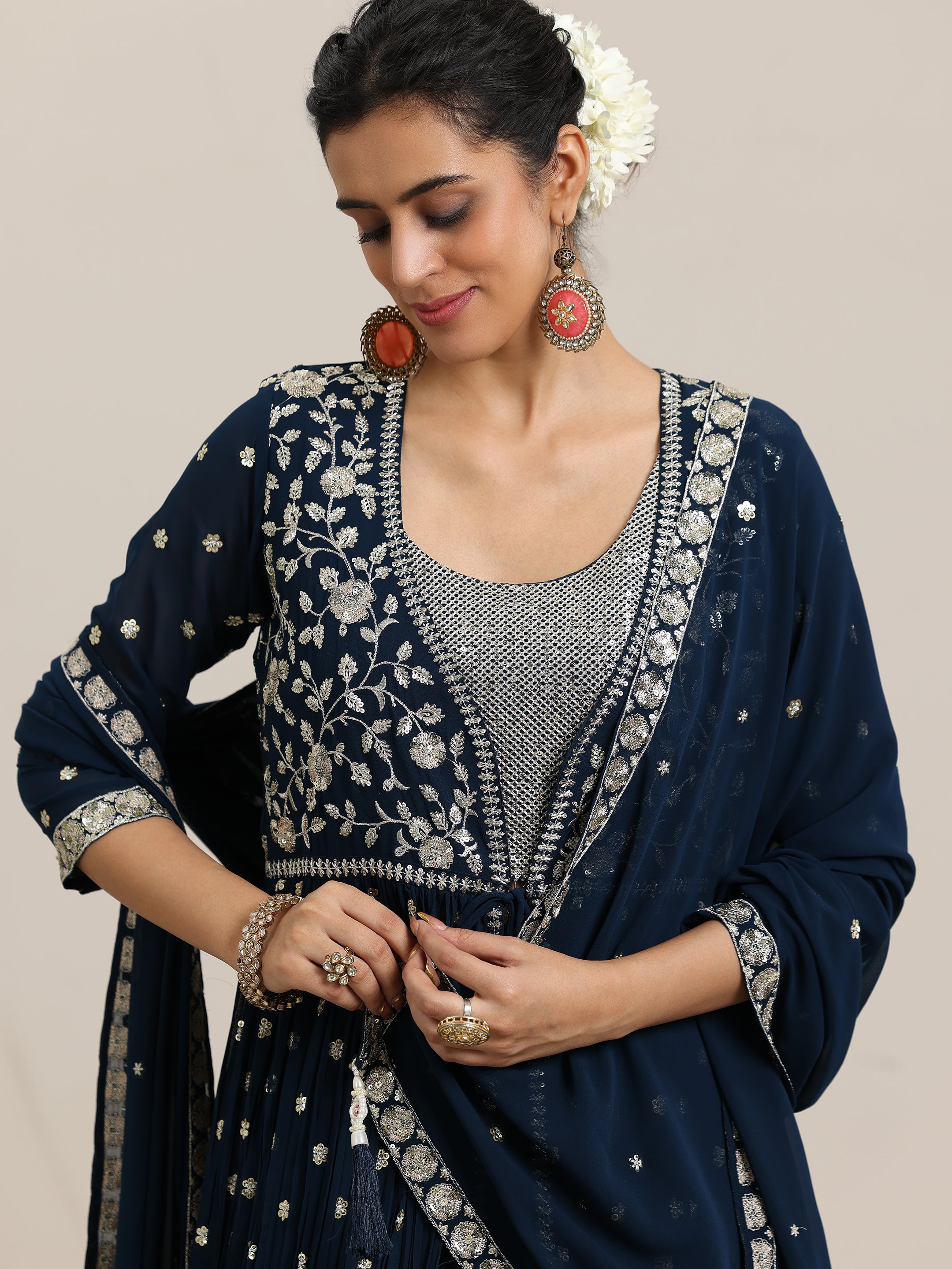 Blue Embellished Georgette Co-Ords With Shrug