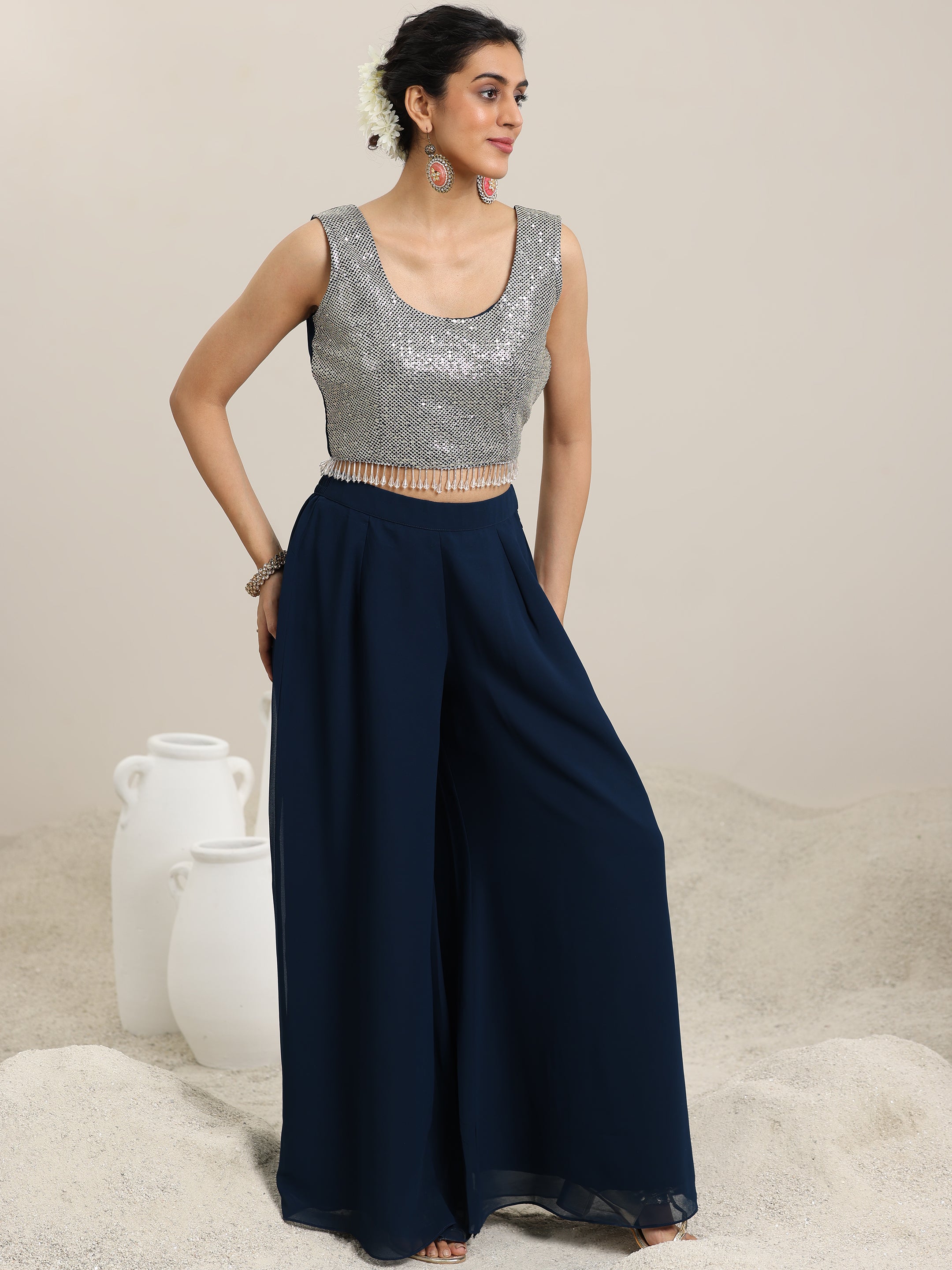 Blue Embellished Georgette Co-Ords With Shrug