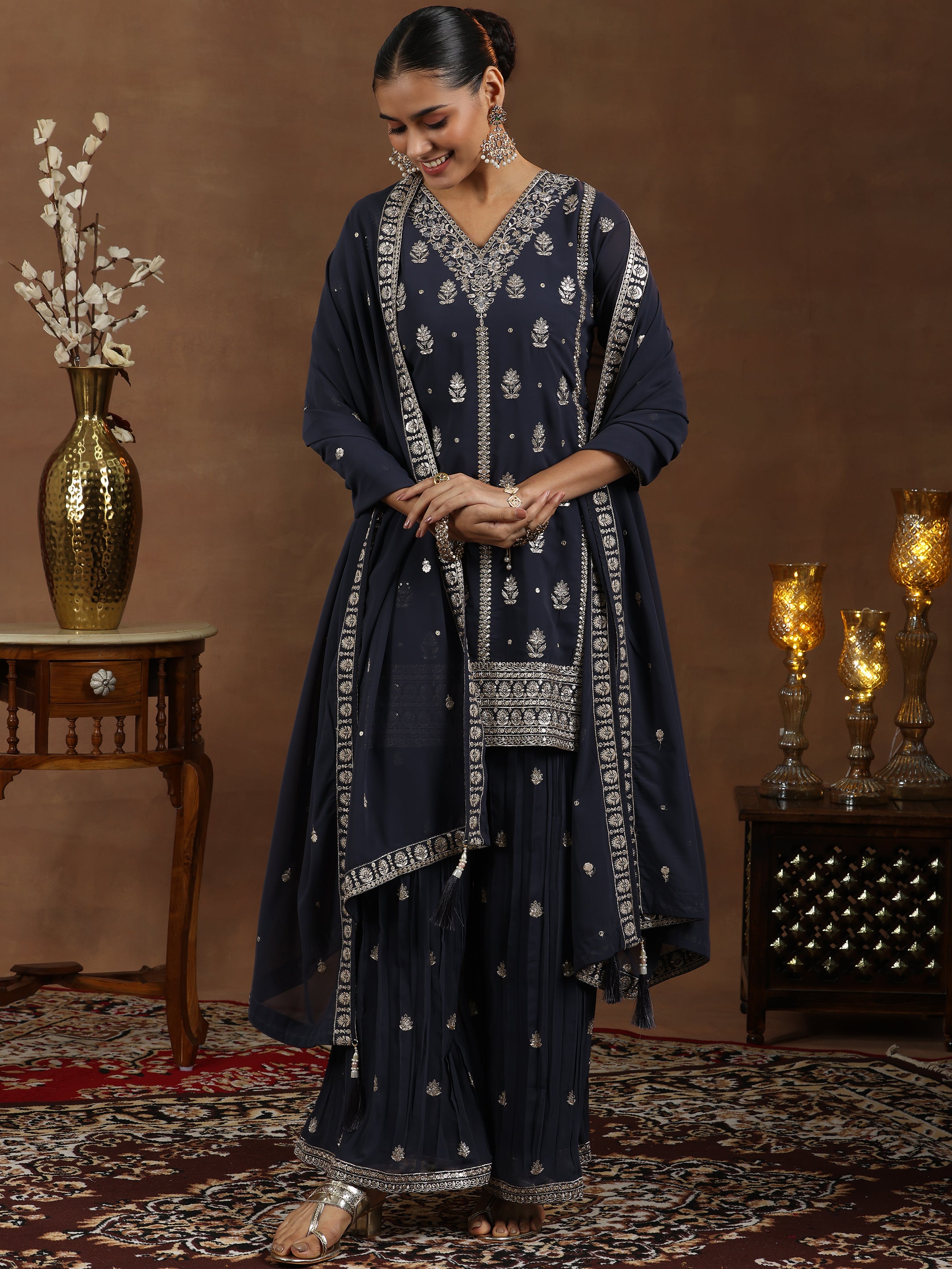 Grey Embroidered Georgette Straight Suit With Dupatta