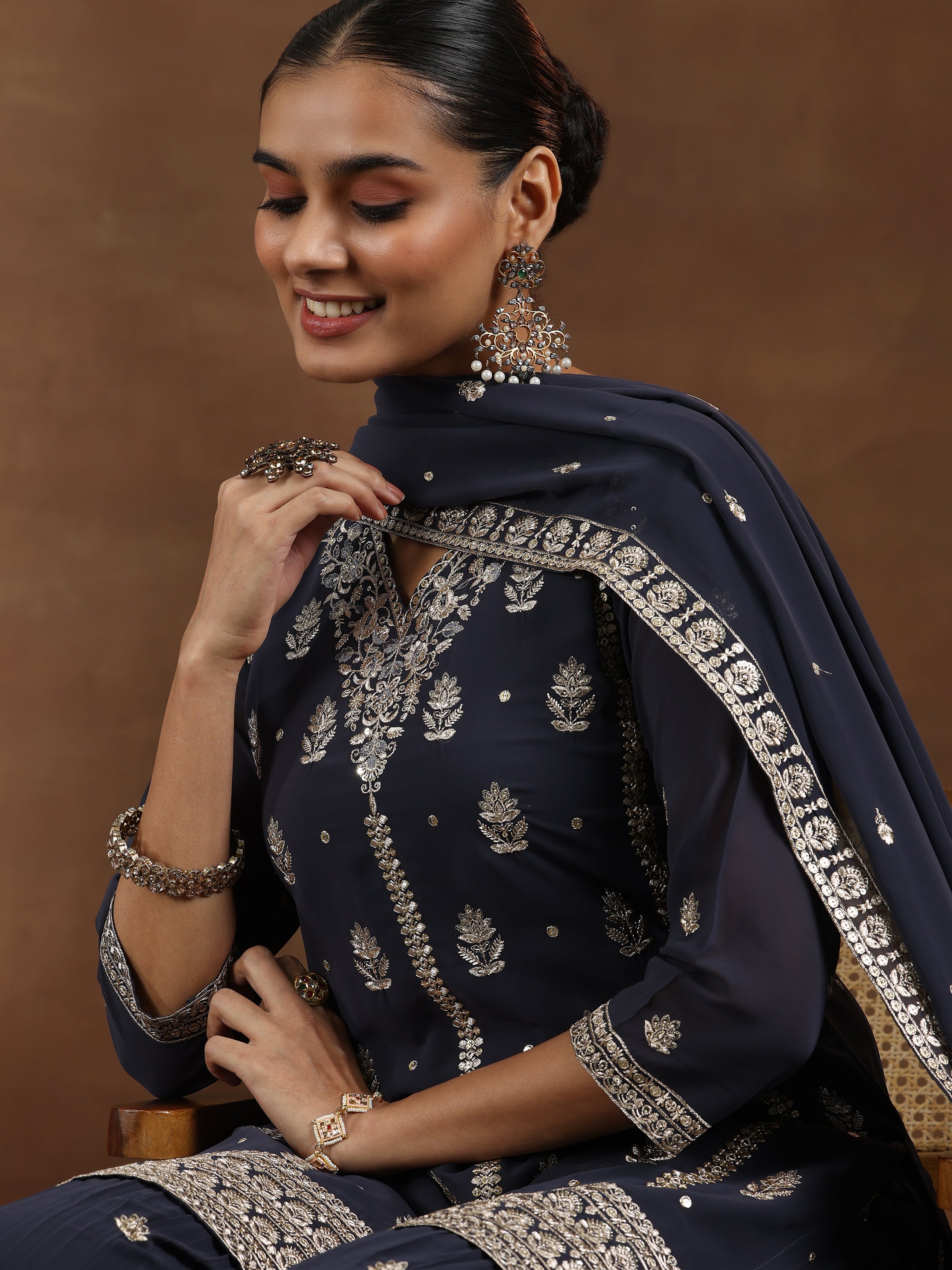 Grey Embroidered Georgette Straight Suit With Dupatta