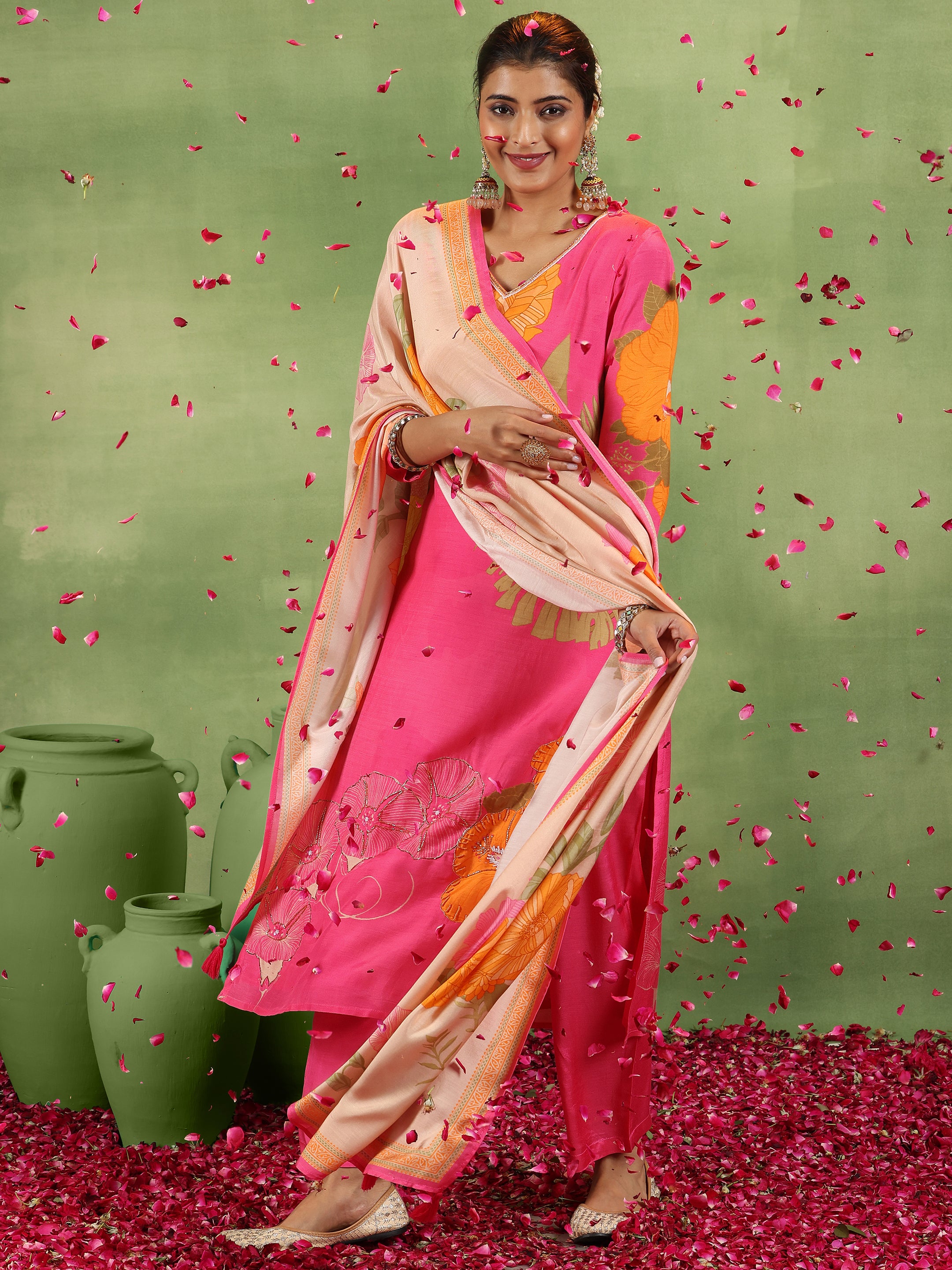 Pink Printed Silk Blend Straight Suit With Dupatta