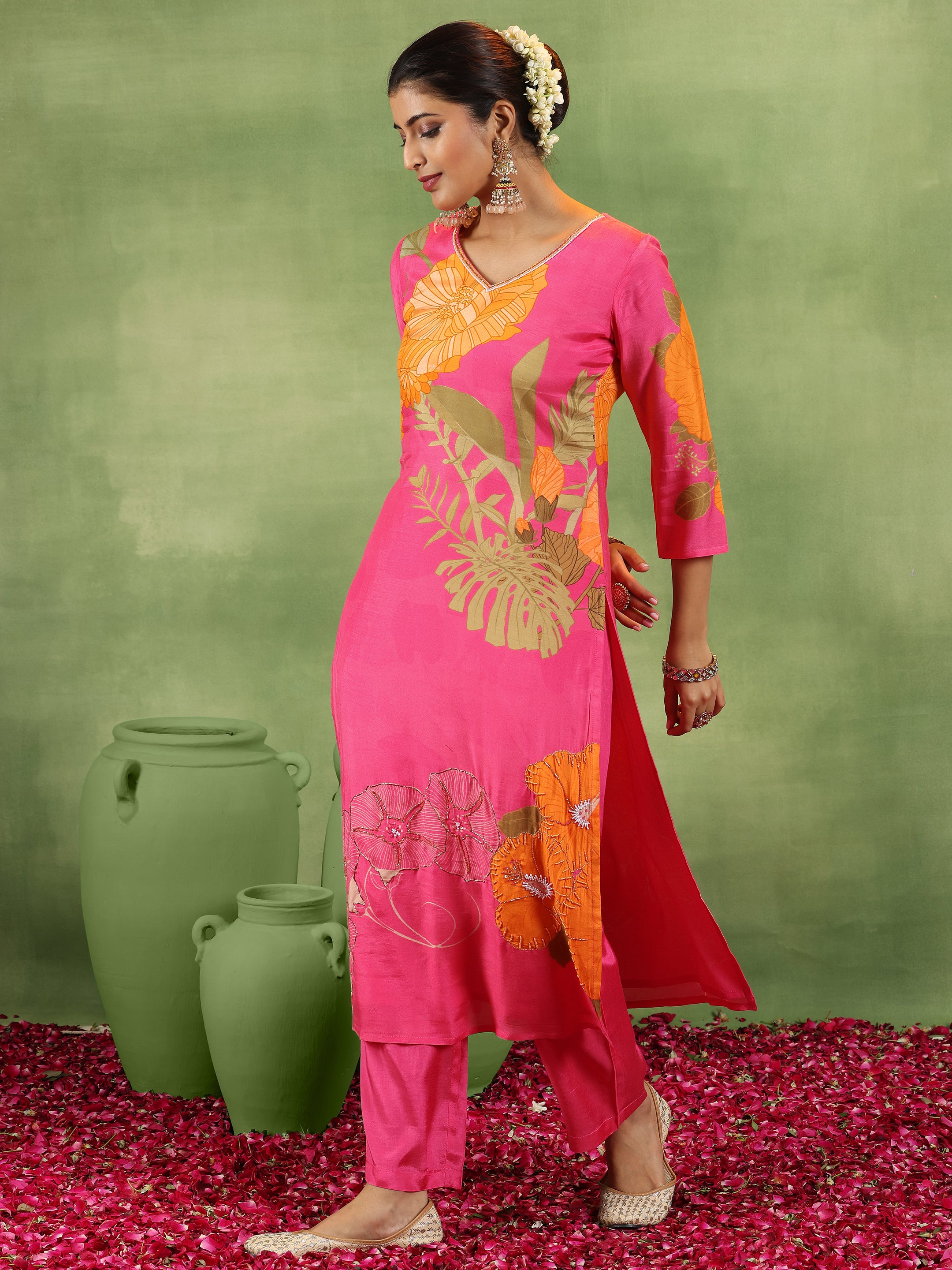 Pink Printed Silk Blend Straight Suit With Dupatta