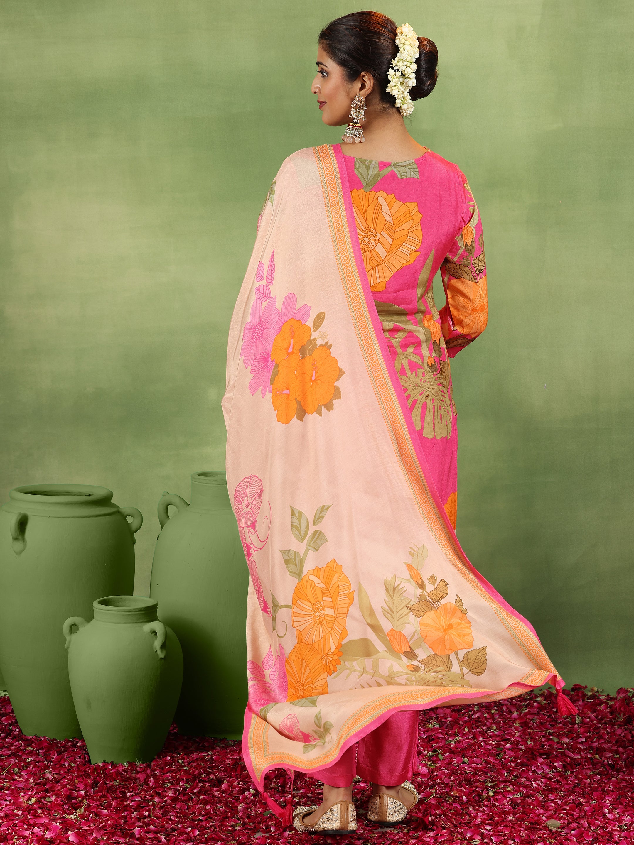 Pink Printed Silk Blend Straight Suit With Dupatta