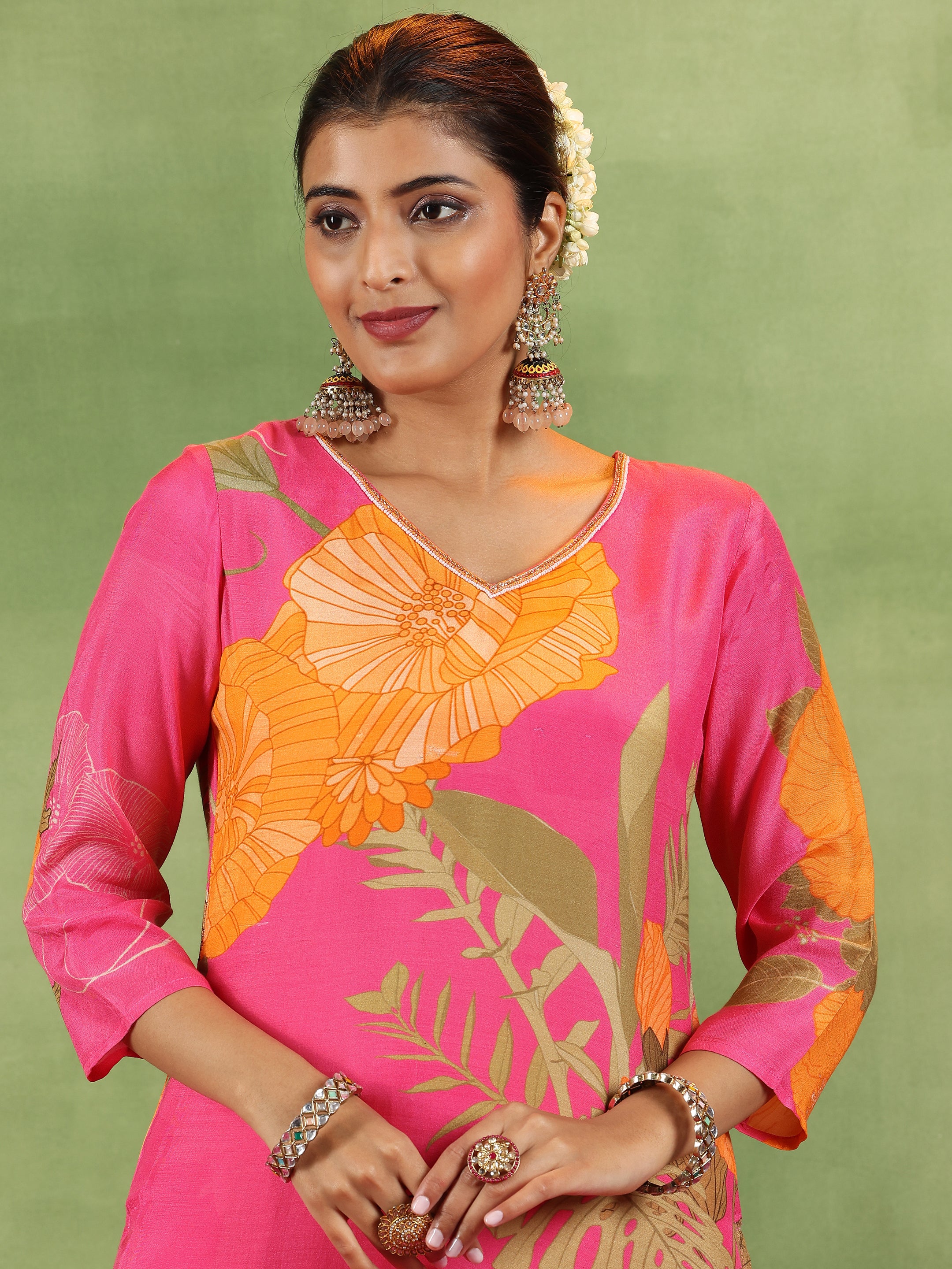 Pink Printed Silk Blend Straight Suit With Dupatta