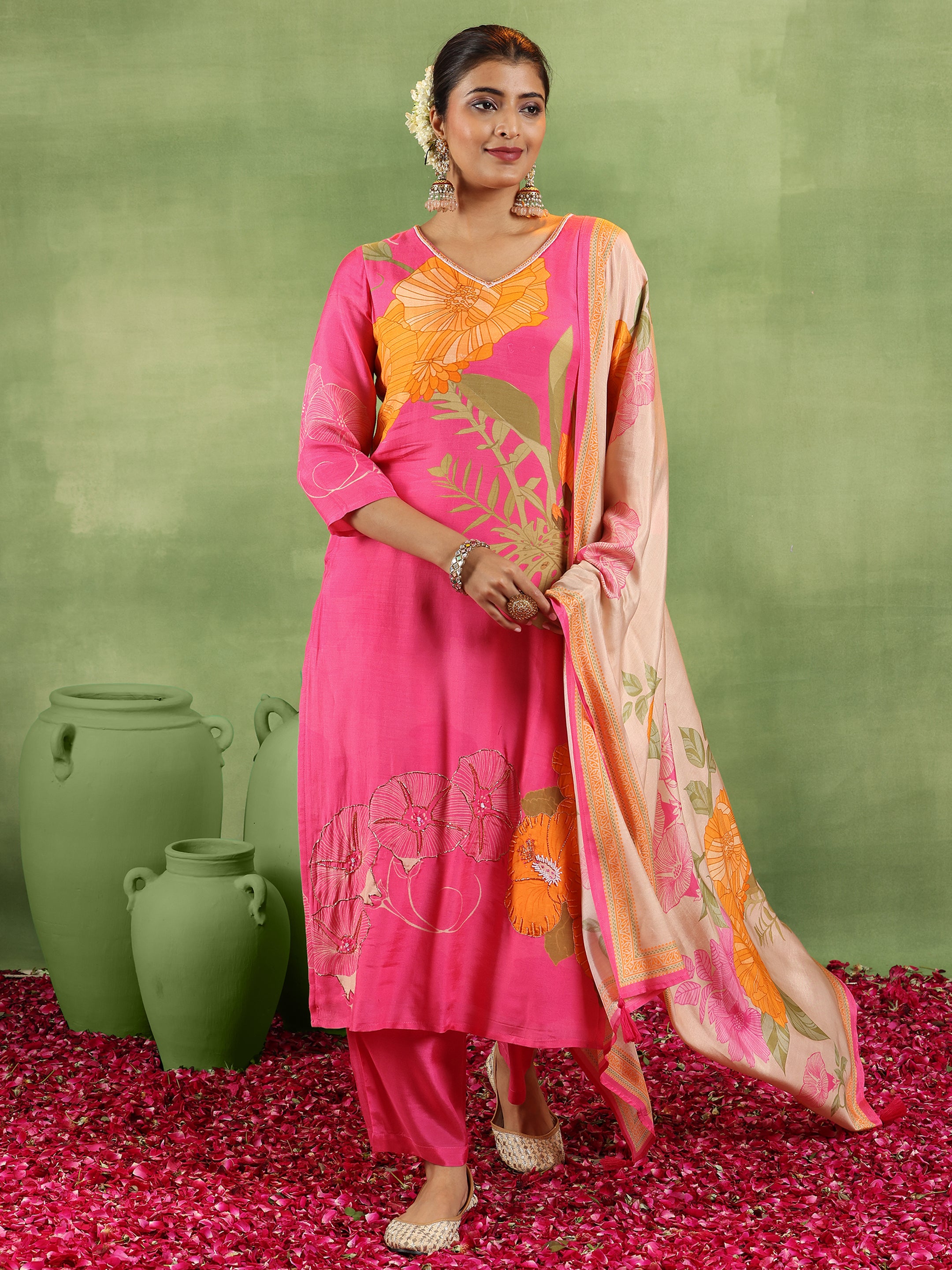 Pink Printed Silk Blend Straight Suit With Dupatta