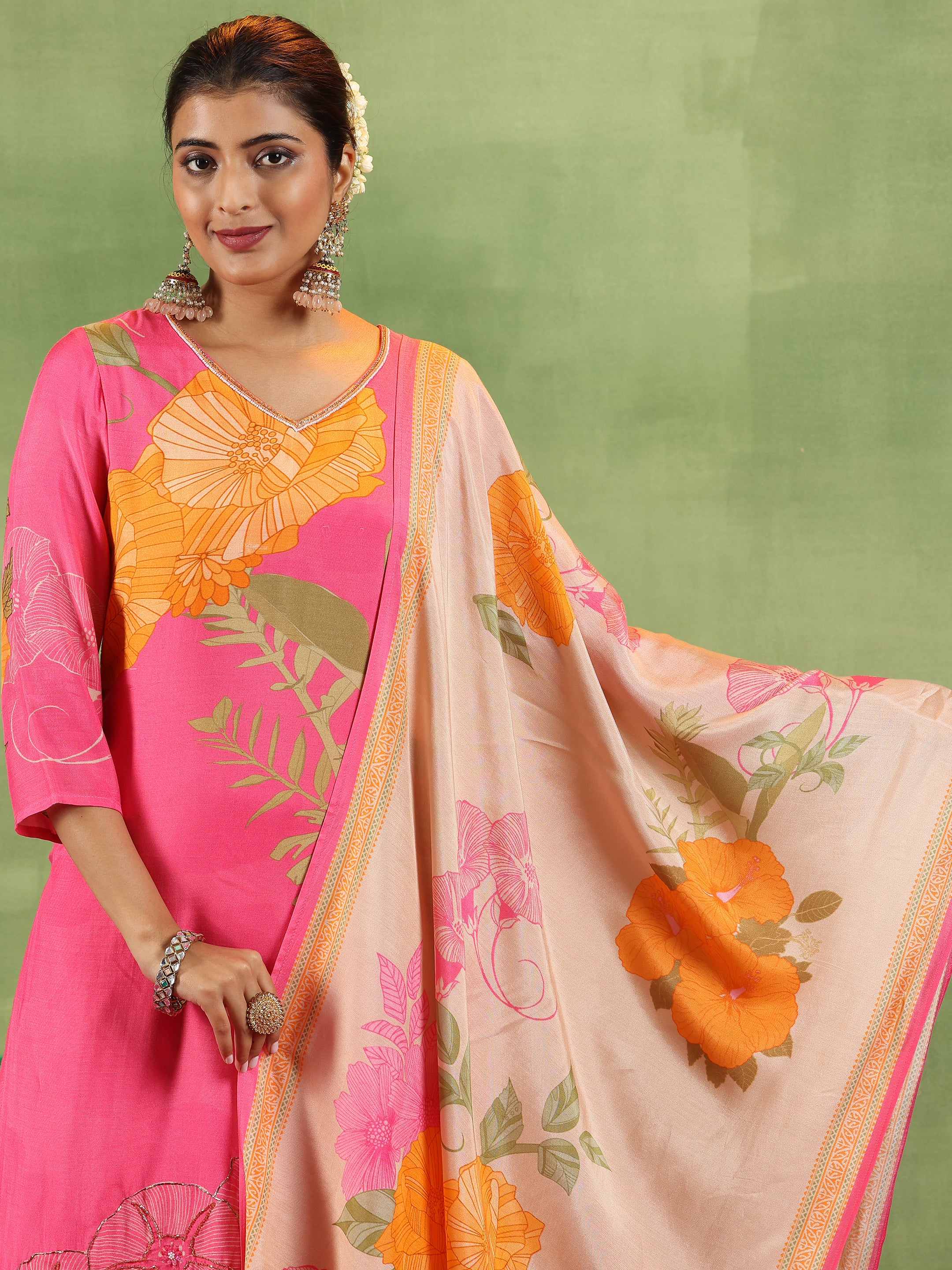 Pink Printed Silk Blend Straight Suit With Dupatta