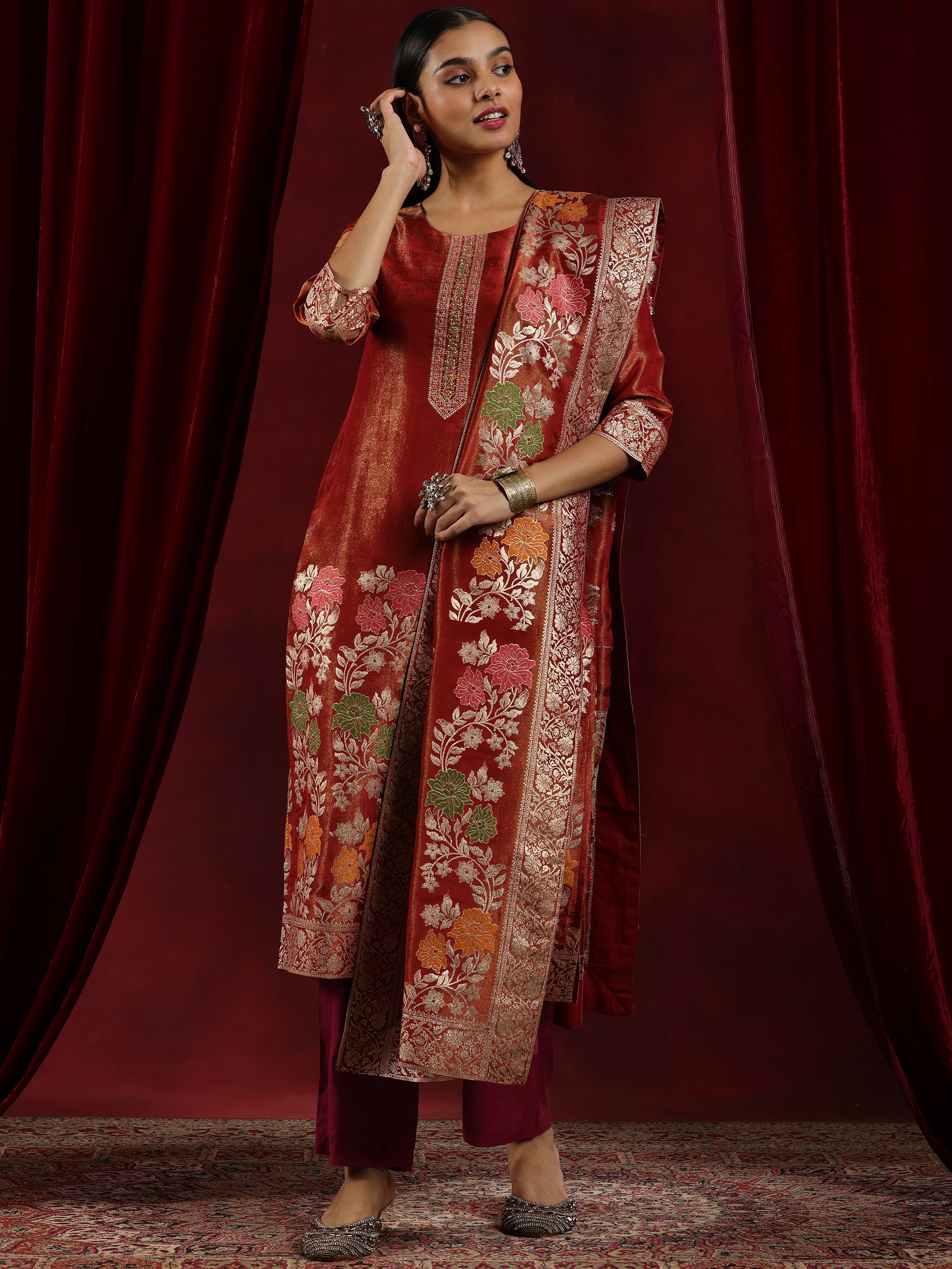 Libas Art Rust Woven Design Silk Blend Straight Suit With Dupatta